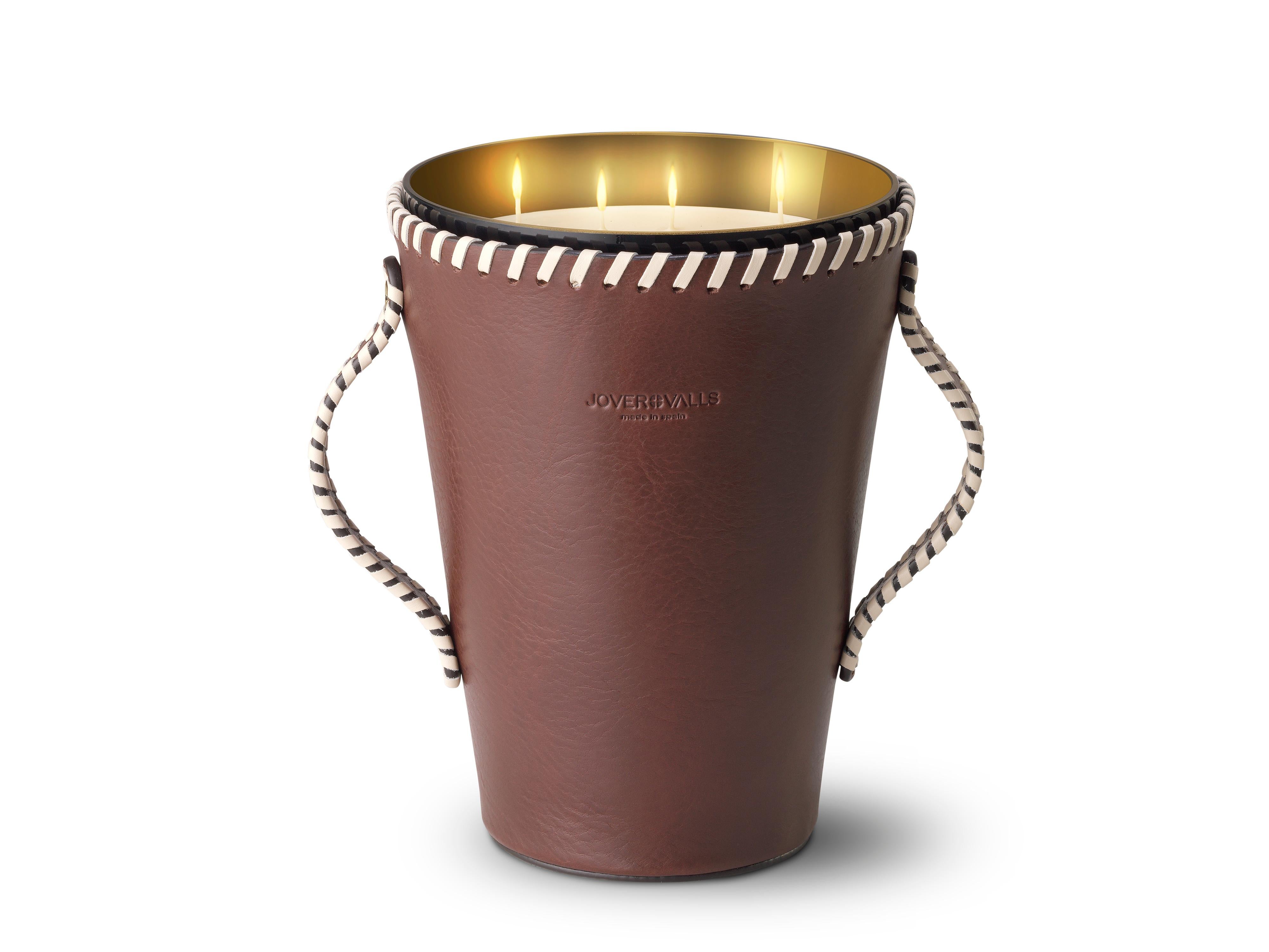 Hand-Painted JAAR, Dark Brown Leather Candleholder, Spring Flowers & Citrus Scented 123 Oz For Sale