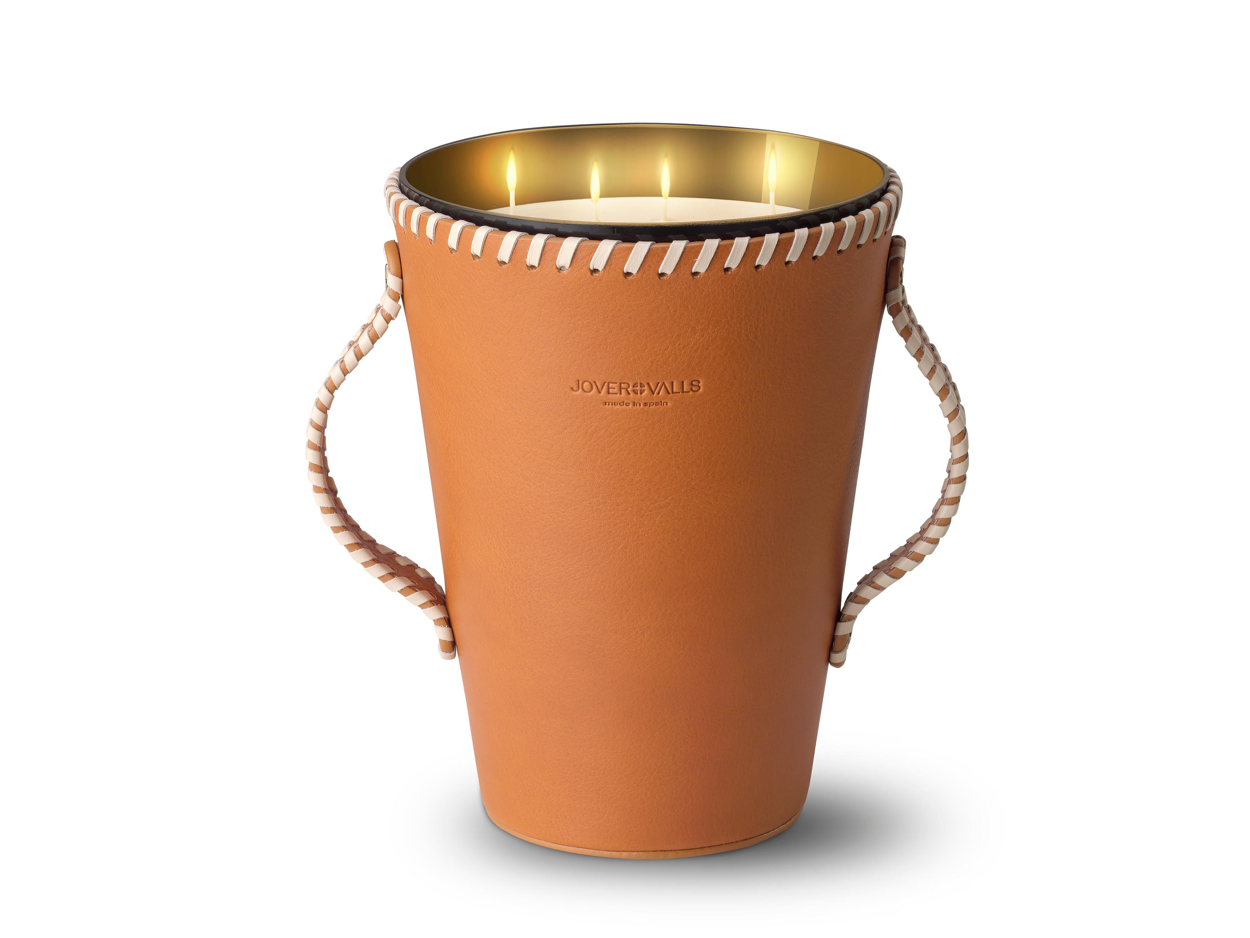 Modern Jaar Natural Tan Leather Candleholder, Sweet Cinnamon Scented Candle 123 Oz For Sale