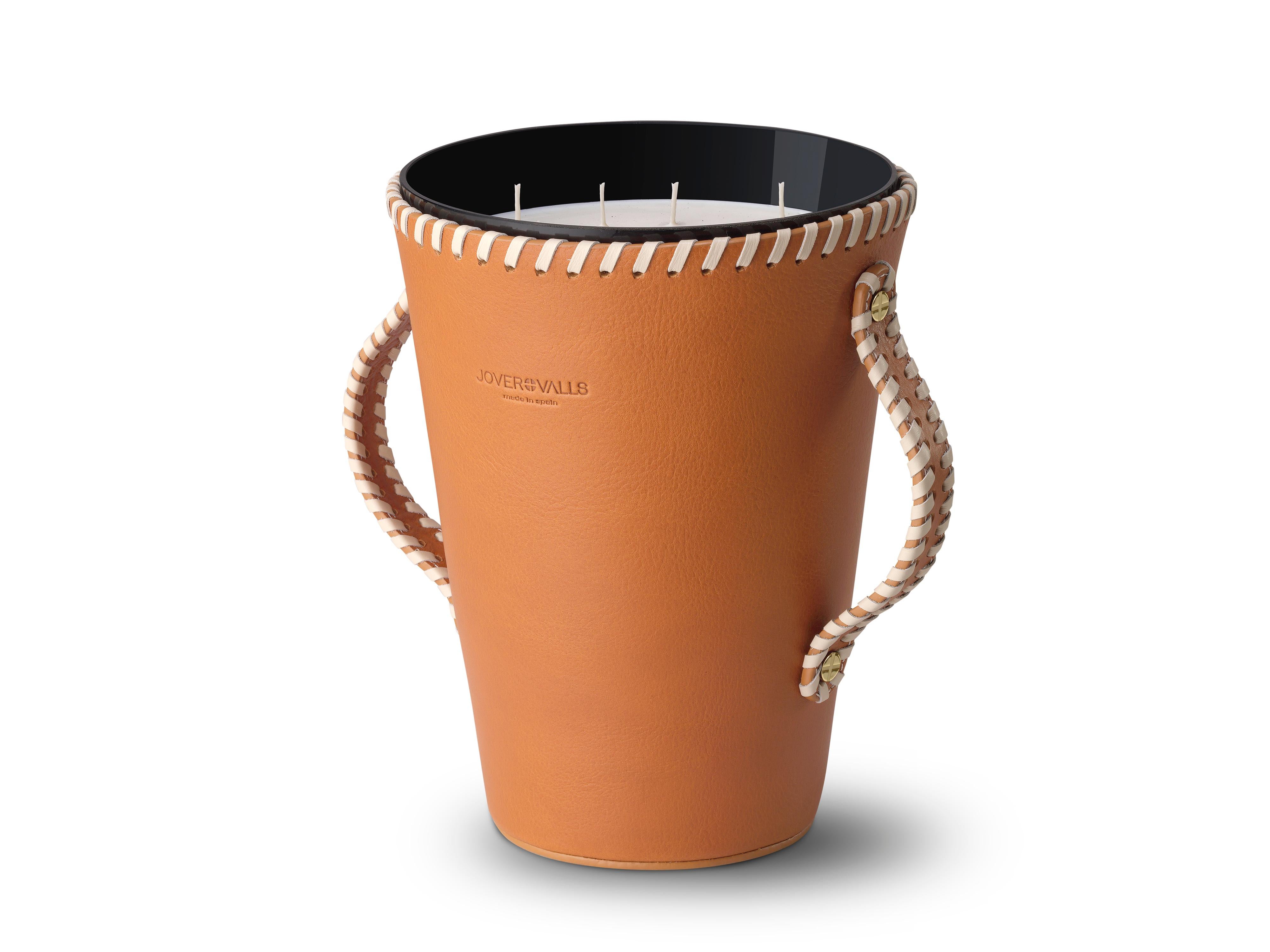 Vegetable Dyed Jaar Natural Tan Leather Candleholder, Sweet Cinnamon Scented Candle 123 Oz For Sale