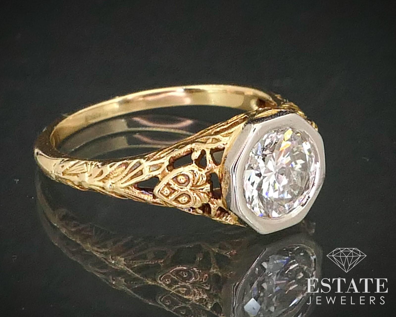 Edwardian Jabel 18k Yellow Gold Round Natural 1.13ct Diamond Filigree Ring 3.9g i13677 For Sale
