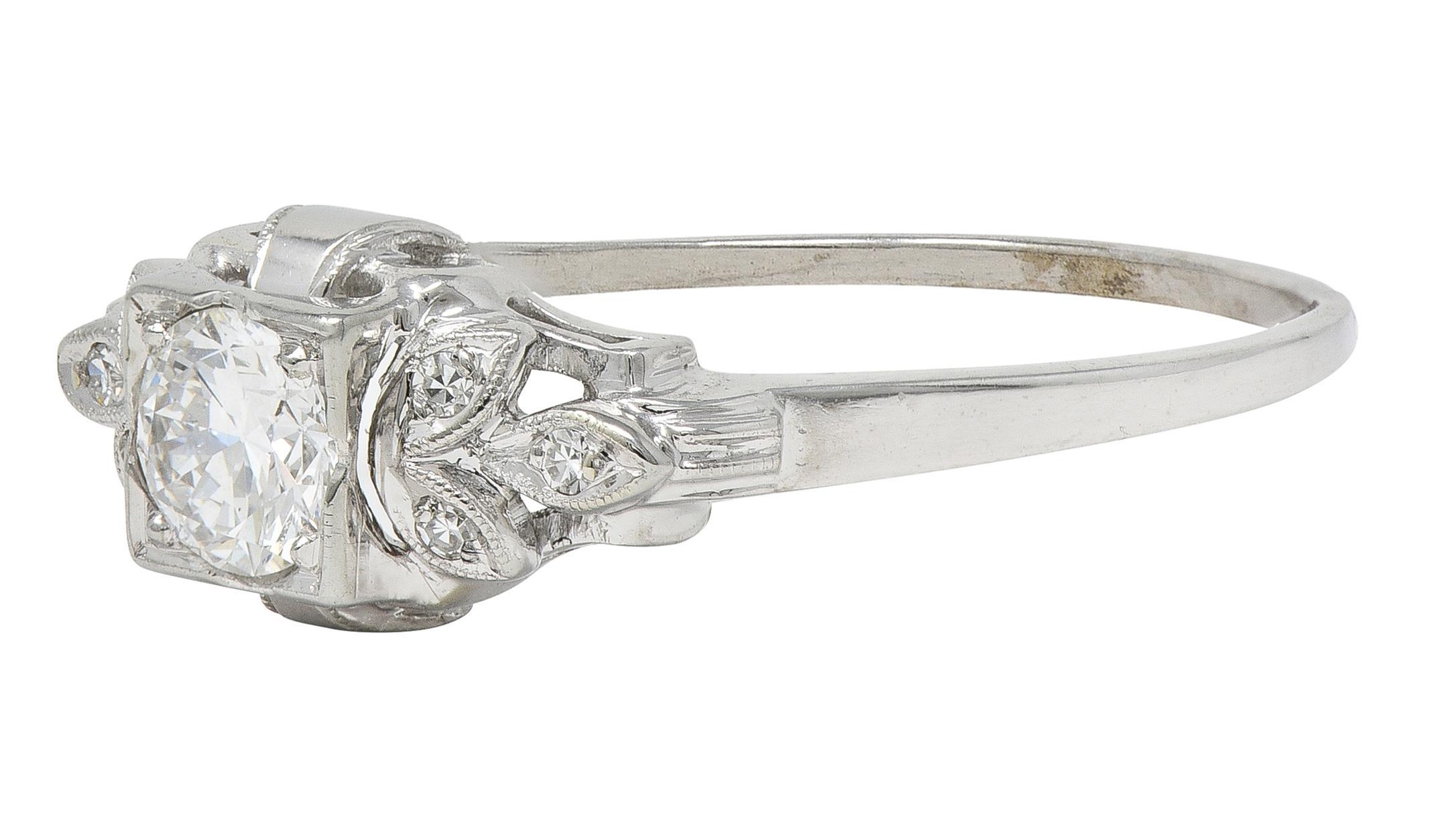 Jabel Art Deco European Diamond 18K White Gold Vintage Foliate Engagement Ring (bague de fiançailles) Excellent état - En vente à Philadelphia, PA