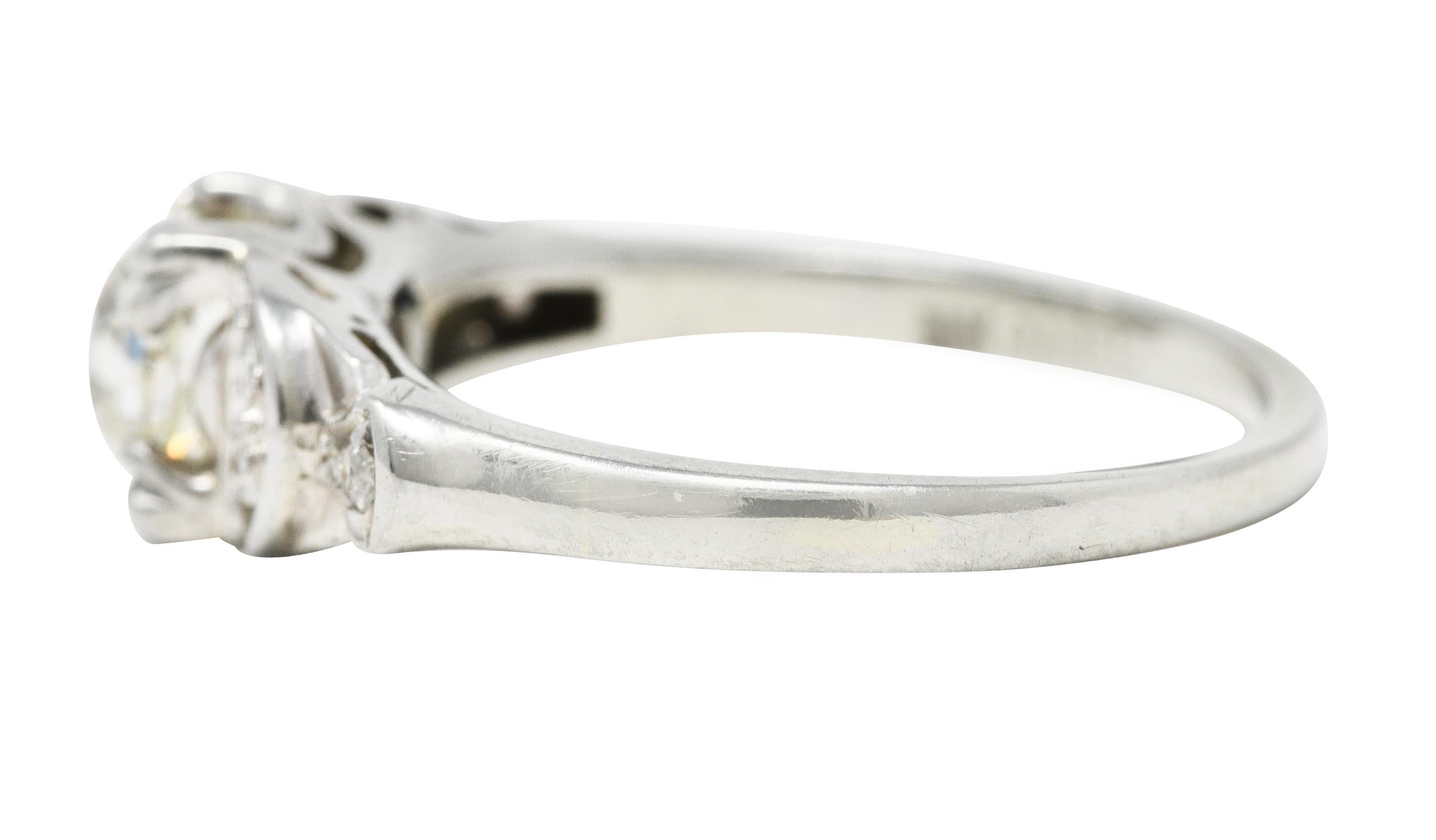 Jabel Art Deco Old Mine Cut Diamond 18 Karat White Gold Crescent Engagement Ring For Sale 1