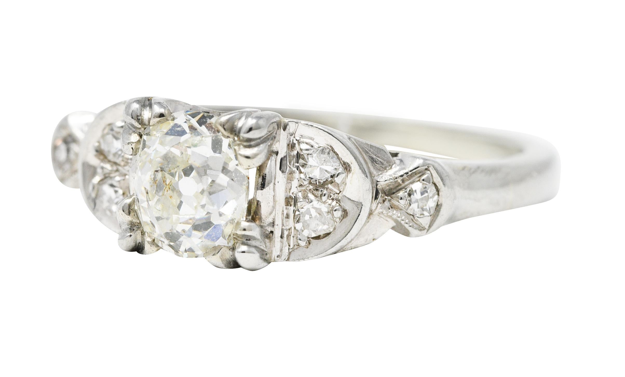 Jabel Art Deco Old Mine Cut Diamond 18 Karat White Gold Crescent Engagement Ring For Sale 2