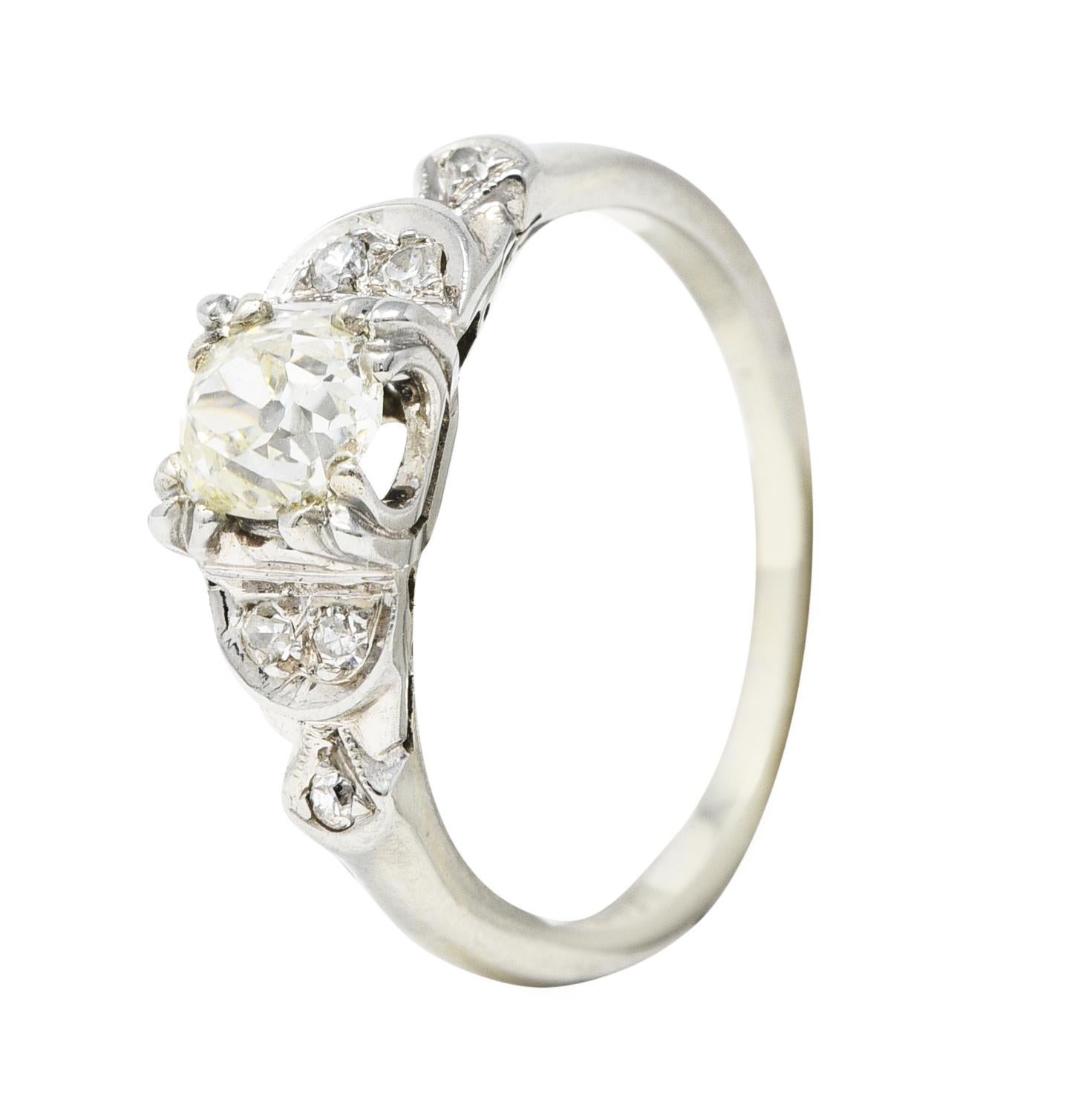 Jabel Art Deco Old Mine Cut Diamond 18 Karat White Gold Crescent Engagement Ring For Sale 5