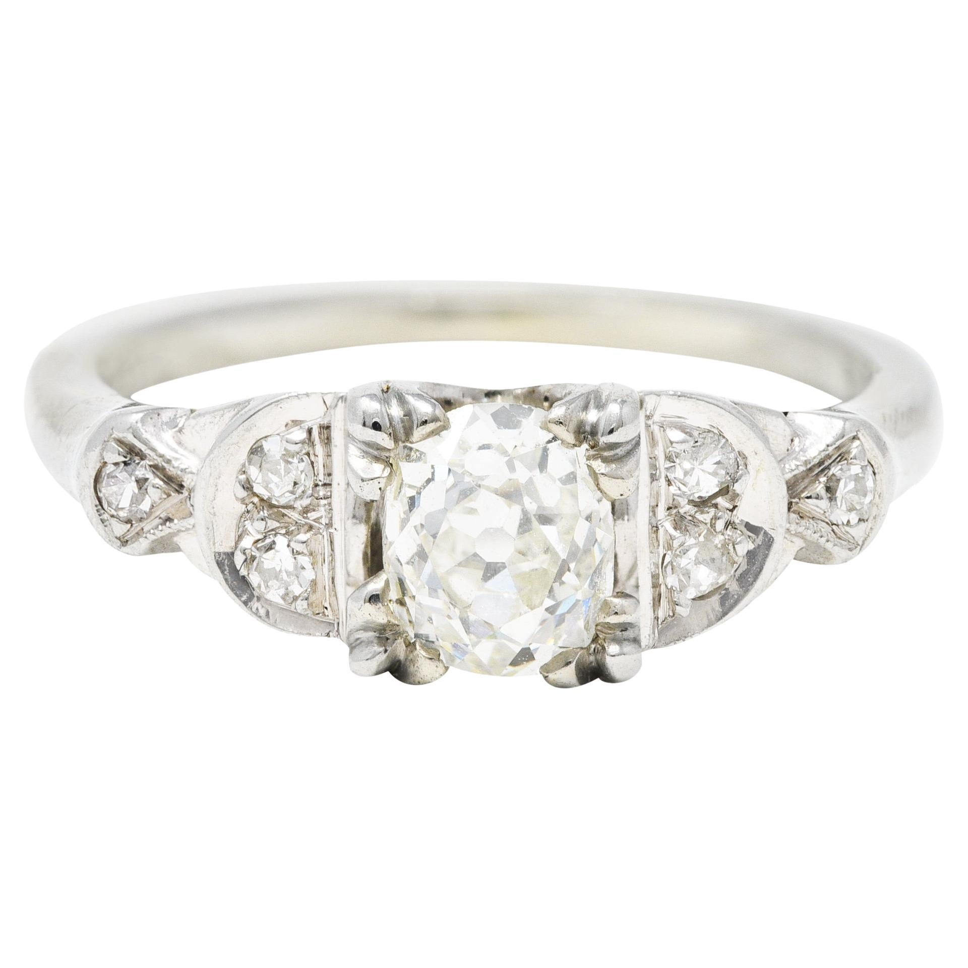 Jabel Art Deco Old Mine Cut Diamond 18 Karat White Gold Crescent Engagement Ring For Sale