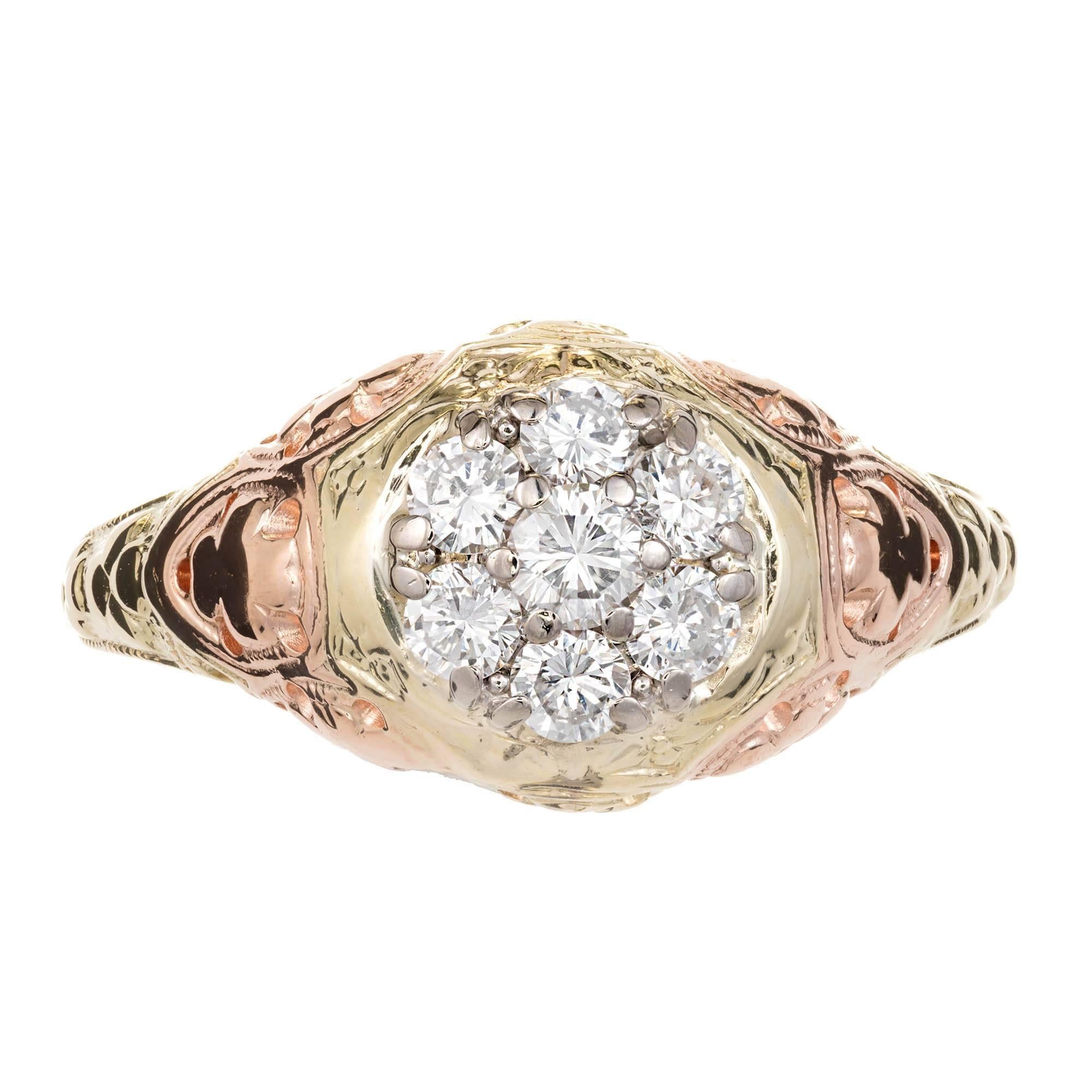   Jabel diamond engagement ring. Hand pierced and beautifully detailed in 14k pink and green gold. White gold top set with well-cut  high grade diamonds.This is an older model with a white gold top,the current model has a yellow gold top.

7 round