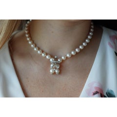 JABEL Diamond 18k White Gold Pearl Necklace. 8mm Pearls 15inch Bypass Chocker