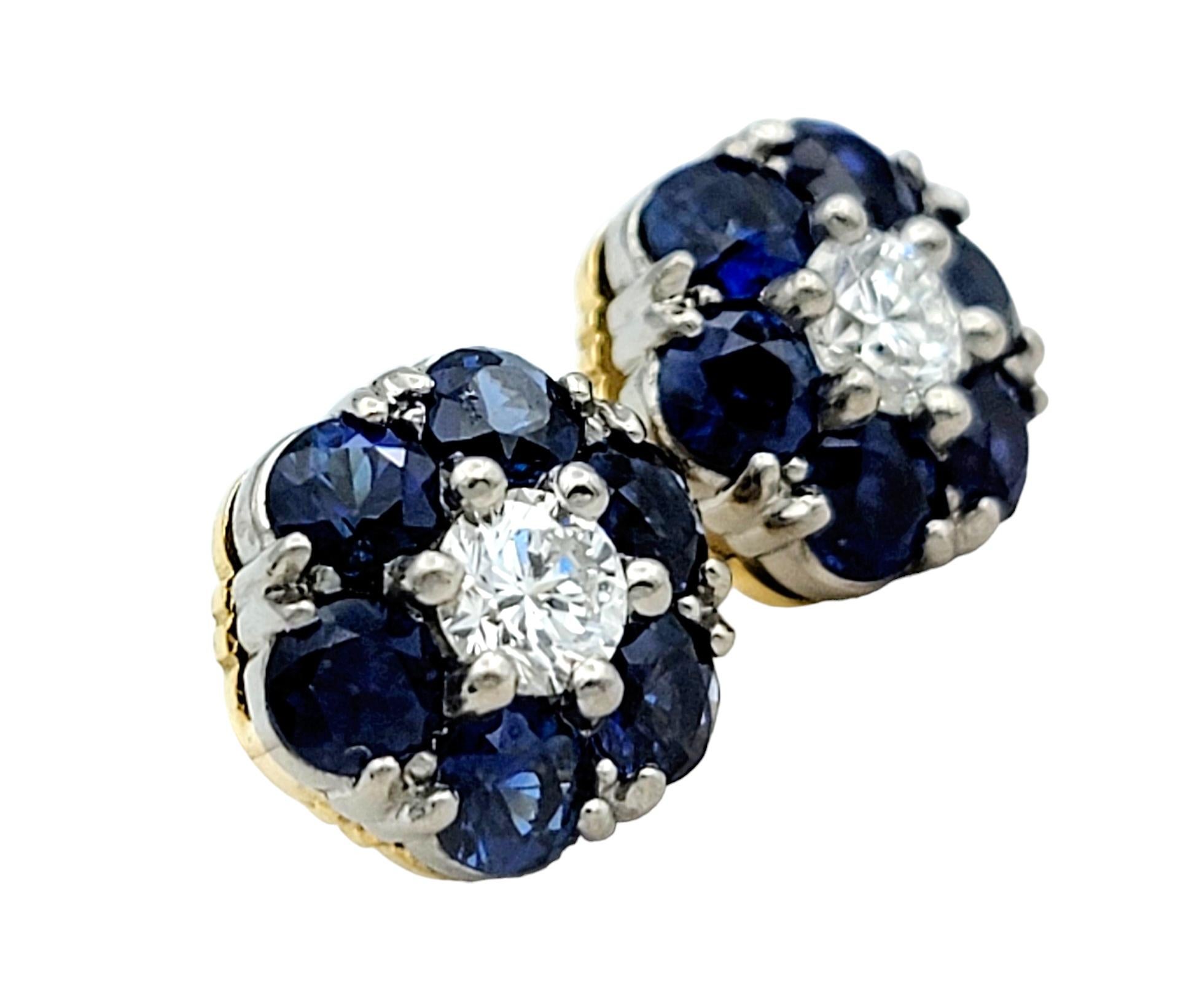 Contemporary Jabel Sapphire and Diamond Flower Design Stud Earrings in 18 Karat Yellow Gold For Sale