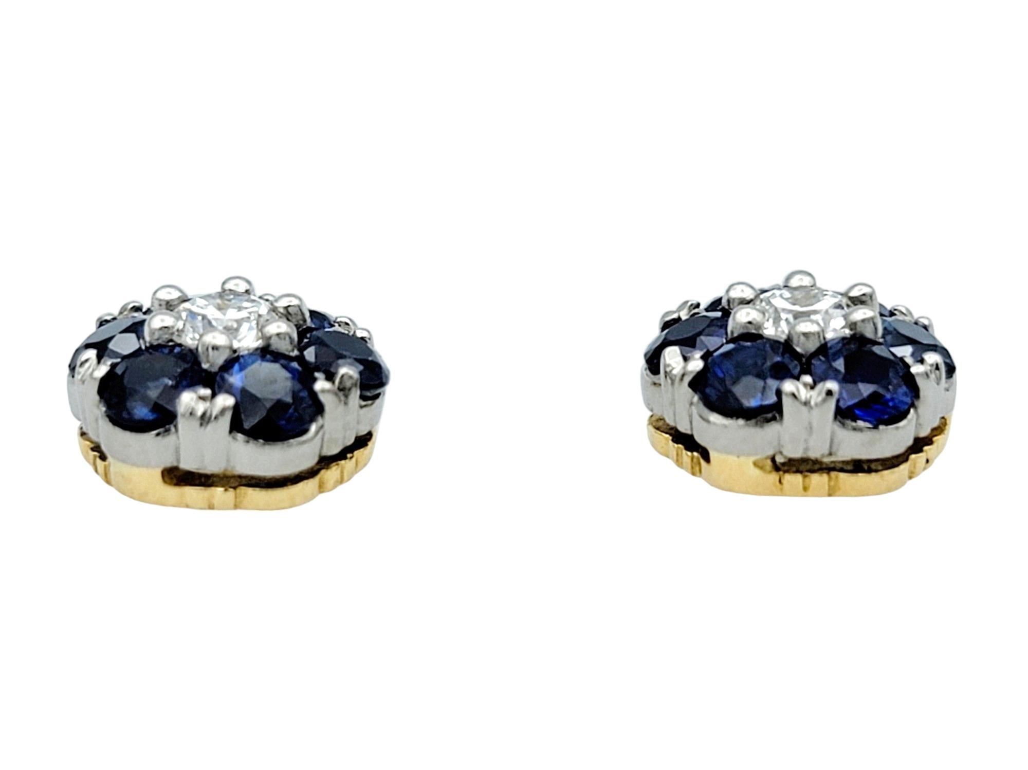 Round Cut Jabel Sapphire and Diamond Flower Design Stud Earrings in 18 Karat Yellow Gold For Sale