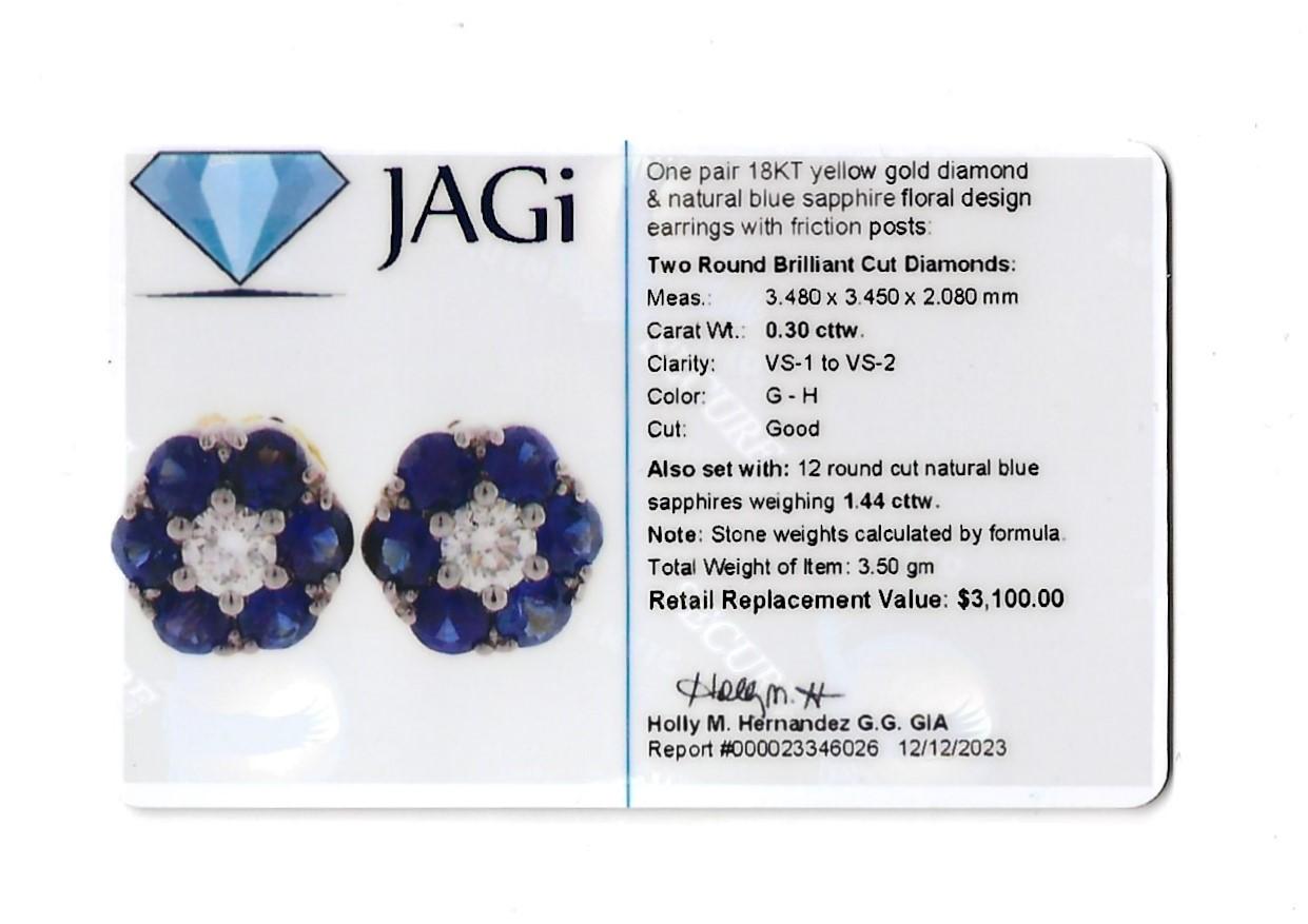 Jabel Sapphire and Diamond Flower Design Stud Earrings in 18 Karat Yellow Gold For Sale 3