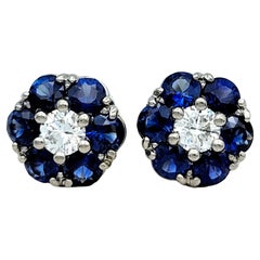 Jabel Sapphire and Diamond Flower Design Stud Earrings in 18 Karat Yellow Gold