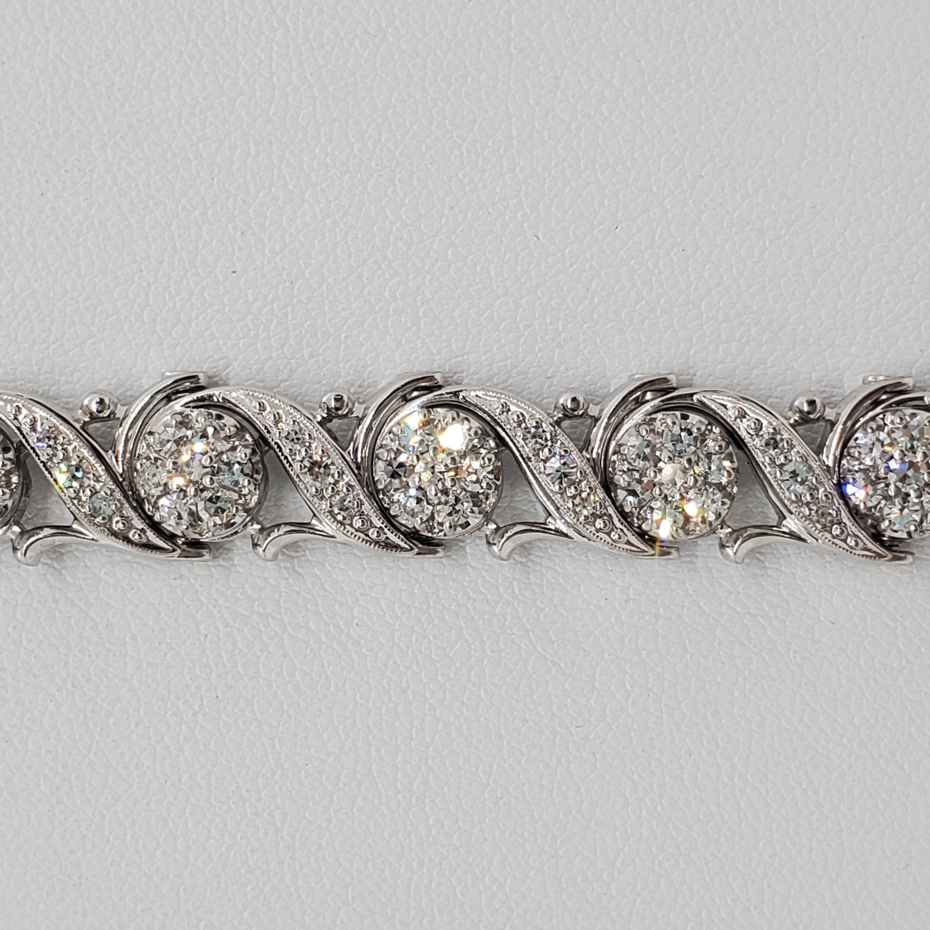 Amazing estate Jabel white diamond bracelet with 6.00 cts of good quality, white and bright diamonds.  Handcrafted carefully in 18k white gold. Length is 7