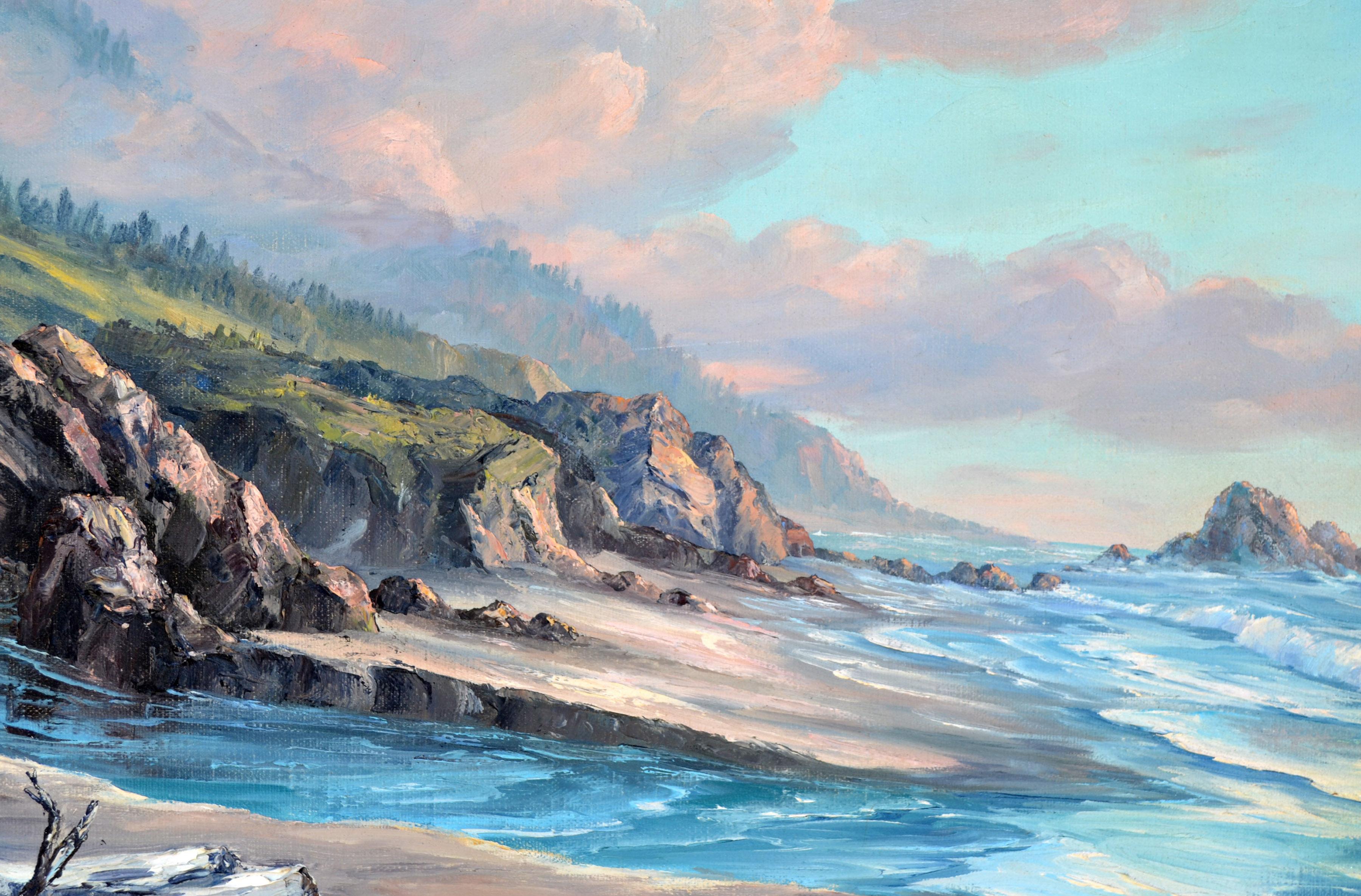 Paisaje marino costero vintage al óleo sobre lienzo - Painting impresionista estadounidense de Jac Falcraft