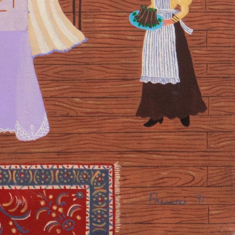 'The Family Dinner', Thanksgiving, Christmas, Festive Reunion, Large Naive Oil - Painting by Jacalyn Pauer