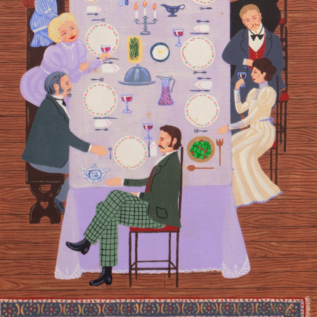 „The Family Dinner“, Thanksgiving, Christmas, Festive Reunion, Großes naives Ölgemälde (Volkskunst), Painting, von Jacalyn Pauer