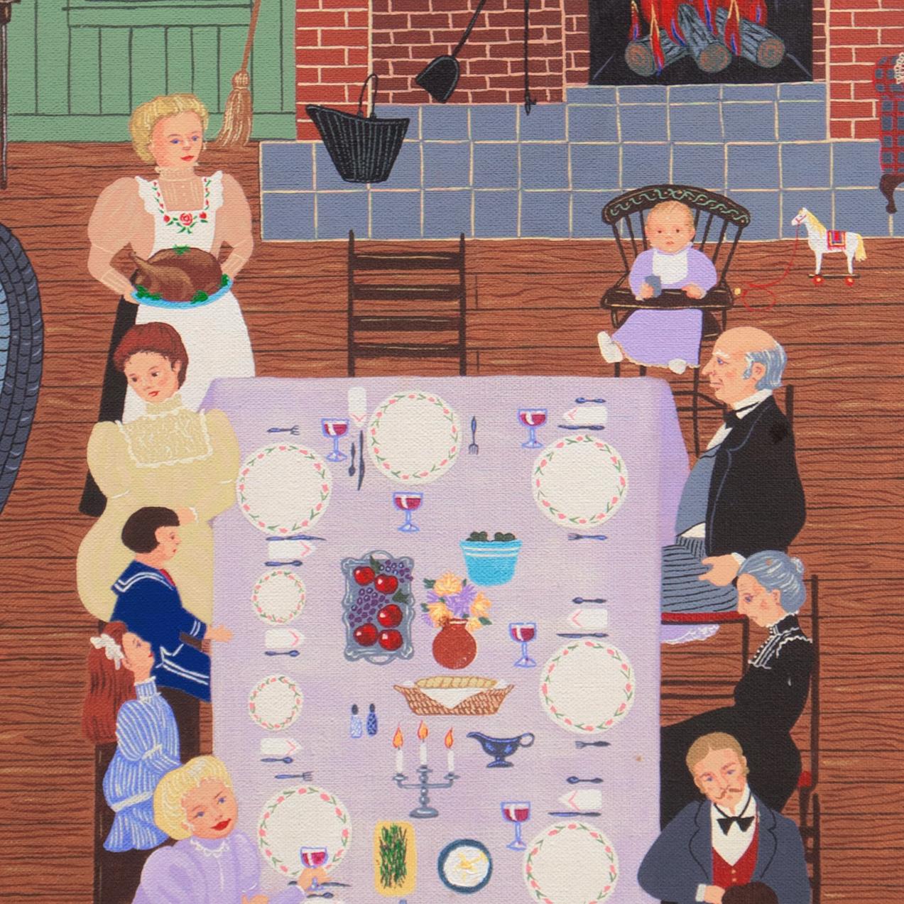 „The Family Dinner“, Thanksgiving, Christmas, Festive Reunion, Großes naives Ölgemälde (Braun), Figurative Painting, von Jacalyn Pauer