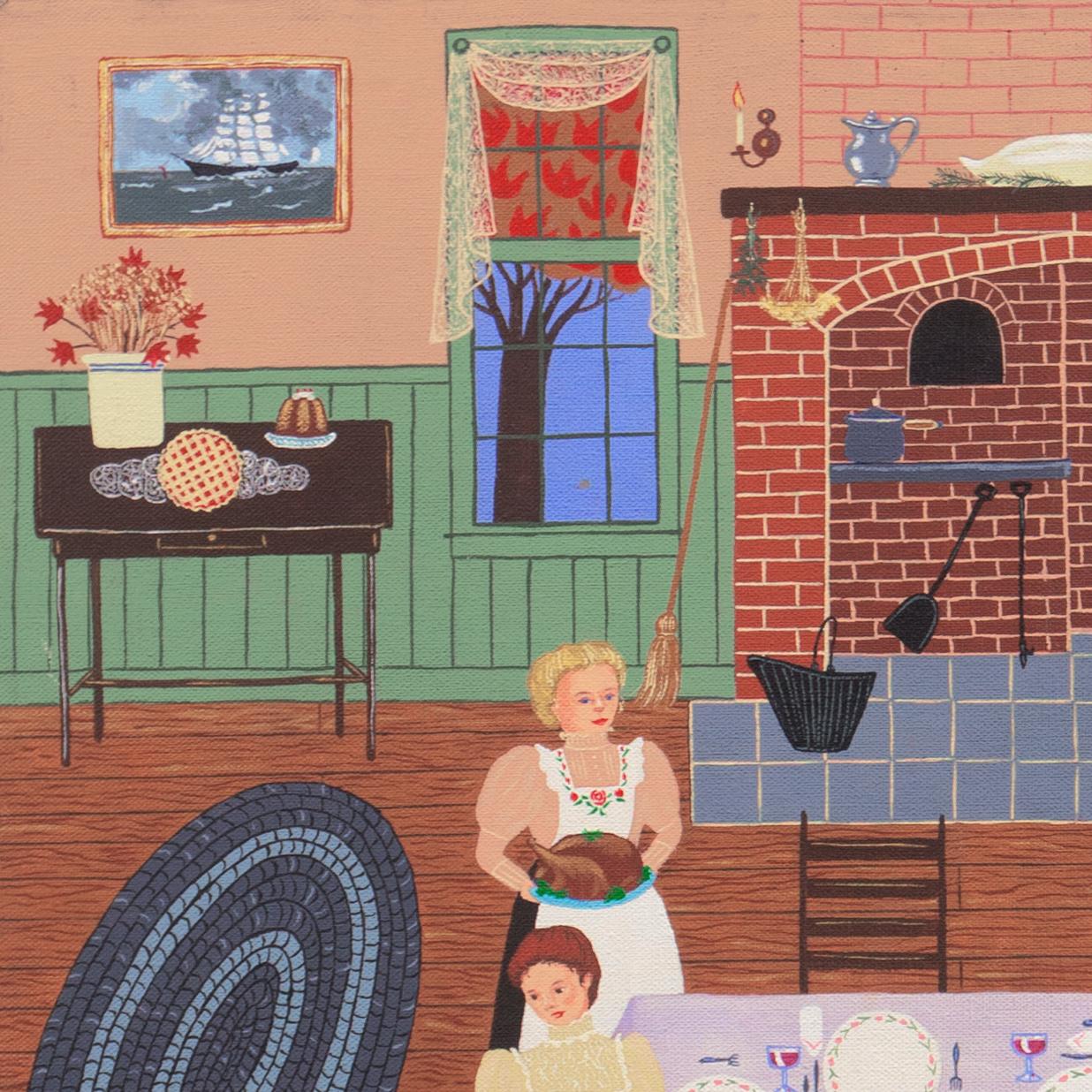 Signed lower right, 'Pauer' for Jacalyn Pauer (American, 20th century) and dated 1991. Additionally signed, verso, and titled, 'The Family Dinner'.

A substantial, American oil painting showing a family gathered around a well-appointed dinner table