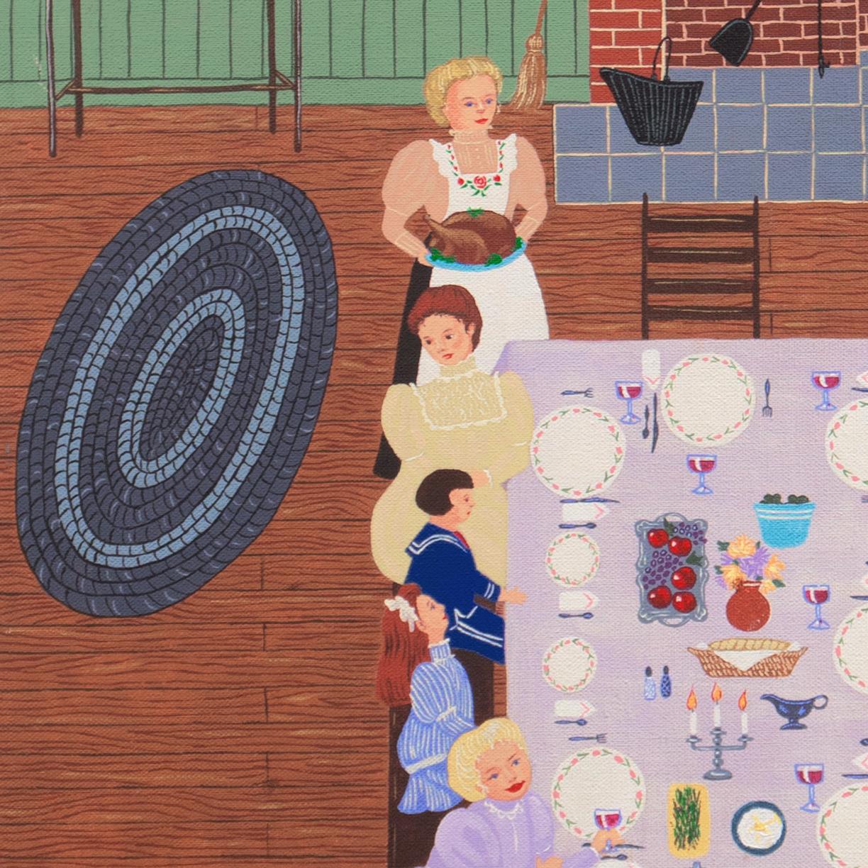 'The Family Dinner', Thanksgiving, Christmas, Festive Reunion, Large Naive Oil - Folk Art Painting by Jacalyn Pauer
