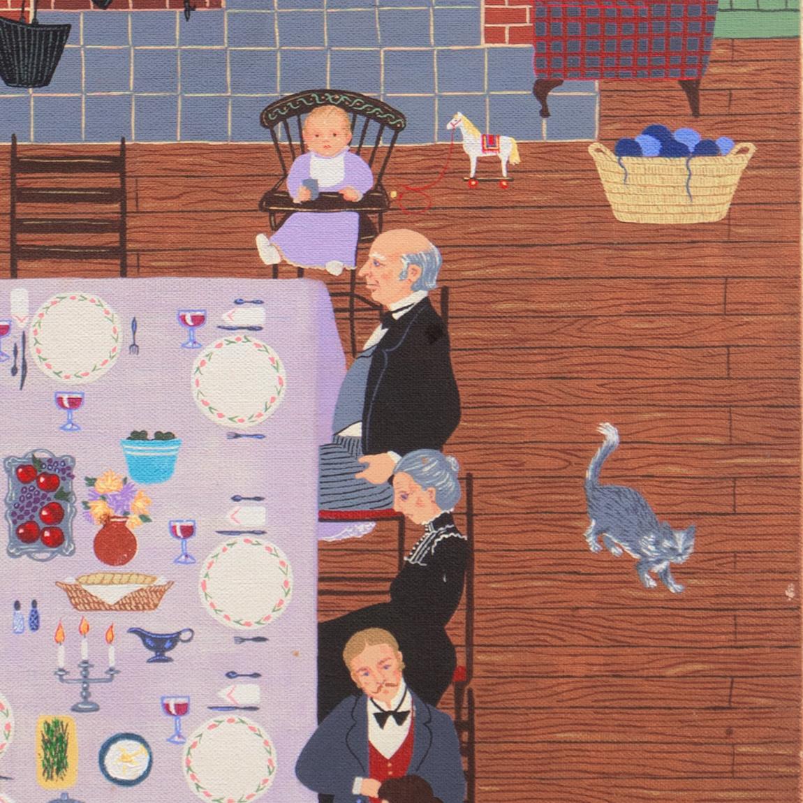 Signed lower right, 'Pauer' for Jacalyn Pauer (American, 20th century) and dated 1991. Additionally signed, verso, and titled, 'The Family Dinner'.

A substantial, American oil painting showing a family gathered around a well-appointed dinner table