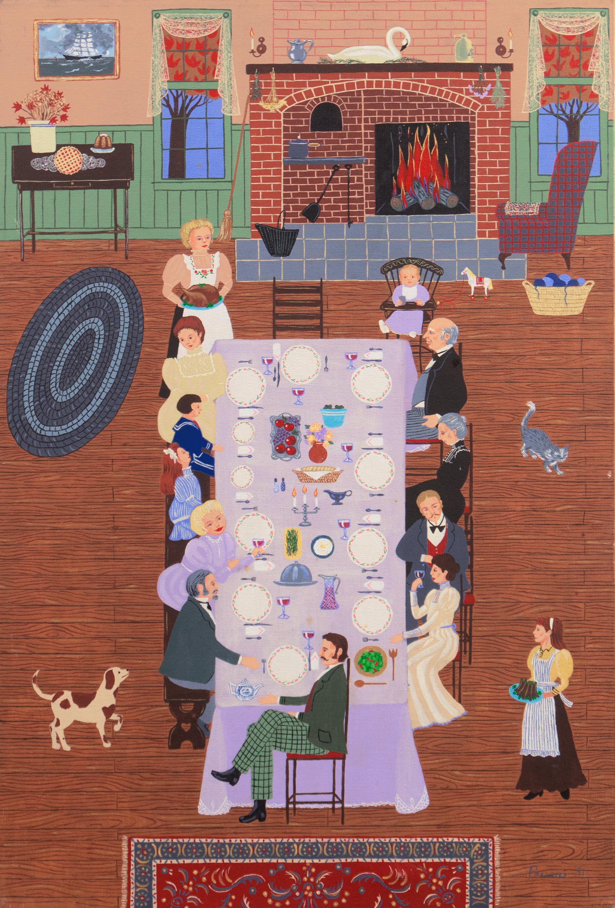 Jacalyn Pauer Interior Painting - 'The Family Dinner', Thanksgiving, Christmas, Festive Reunion, Large Naive Oil