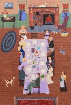 'The Family Dinner', Thanksgiving, Christmas, Festive Reunion, Large Naive Oil