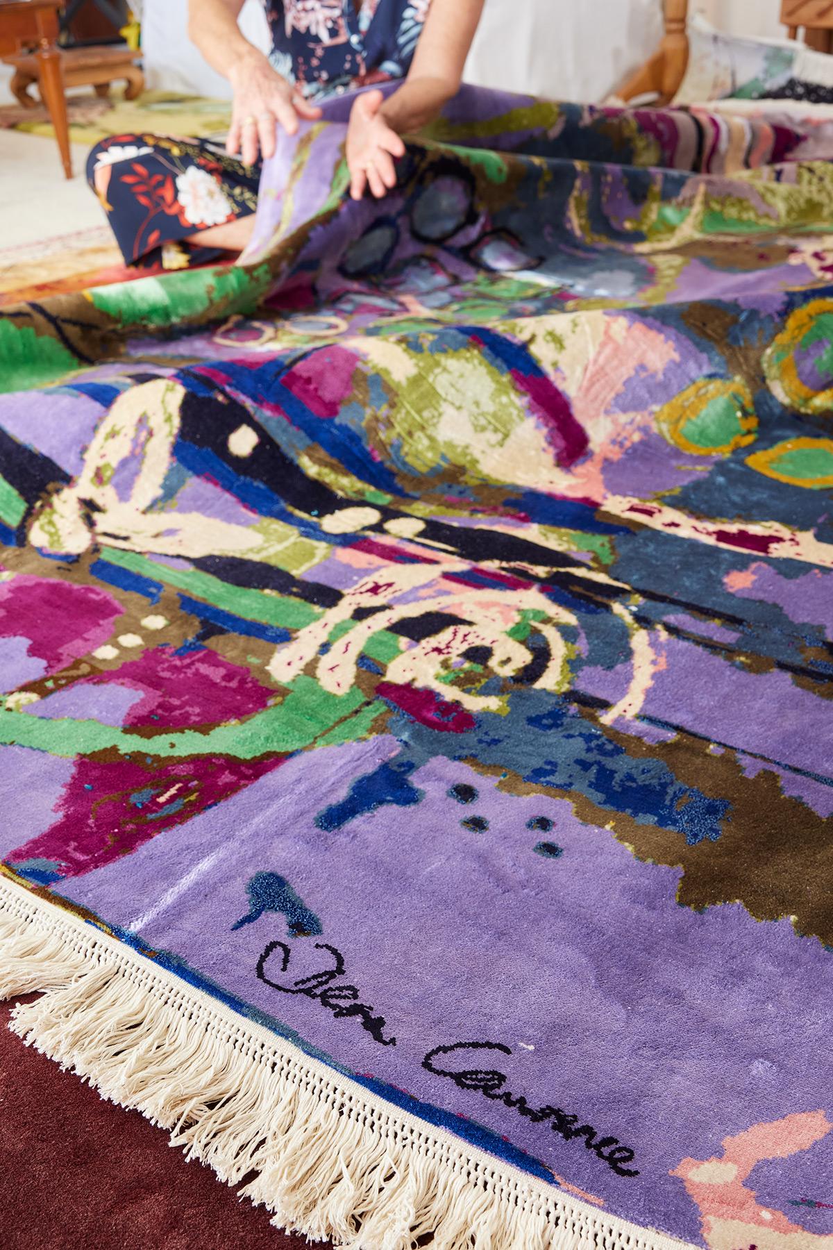 Indian Jacaranda:  Designer Handwoven silk rug by Dena Lawrence woven in Kashmir.   For Sale