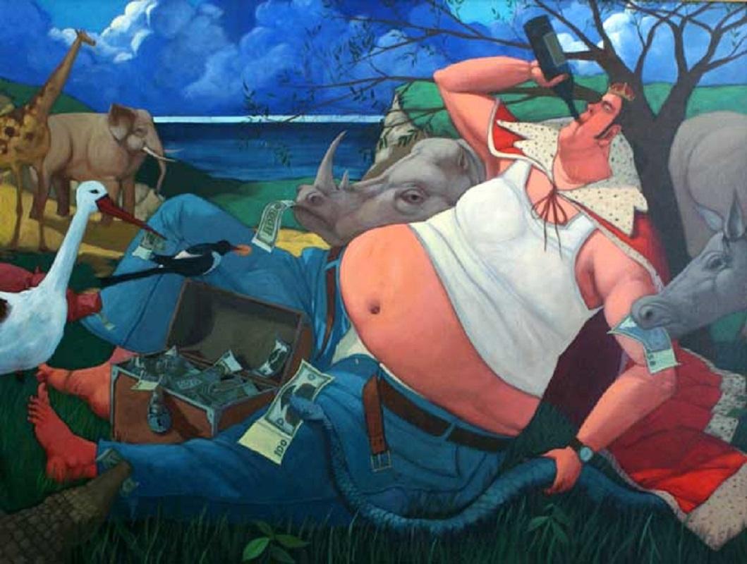 Jacek Palucha Figurative Painting - King of animals - XX century, Figurative painting, Bright colours, Satire