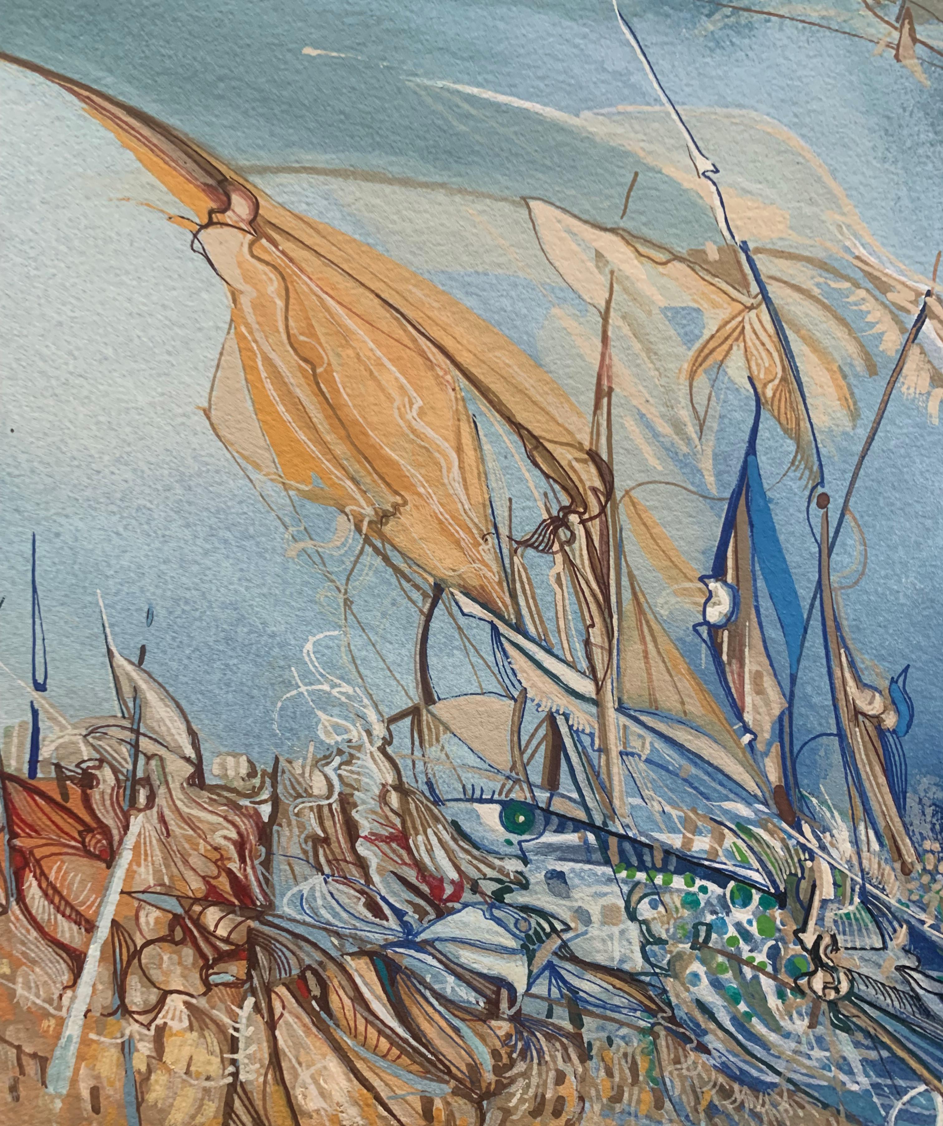Schizophrénie. Peinture à la gouache contemporaine, Abstraction, Chat, Artiste polonais - Bleu Abstract Drawing par Jacek Sowicki