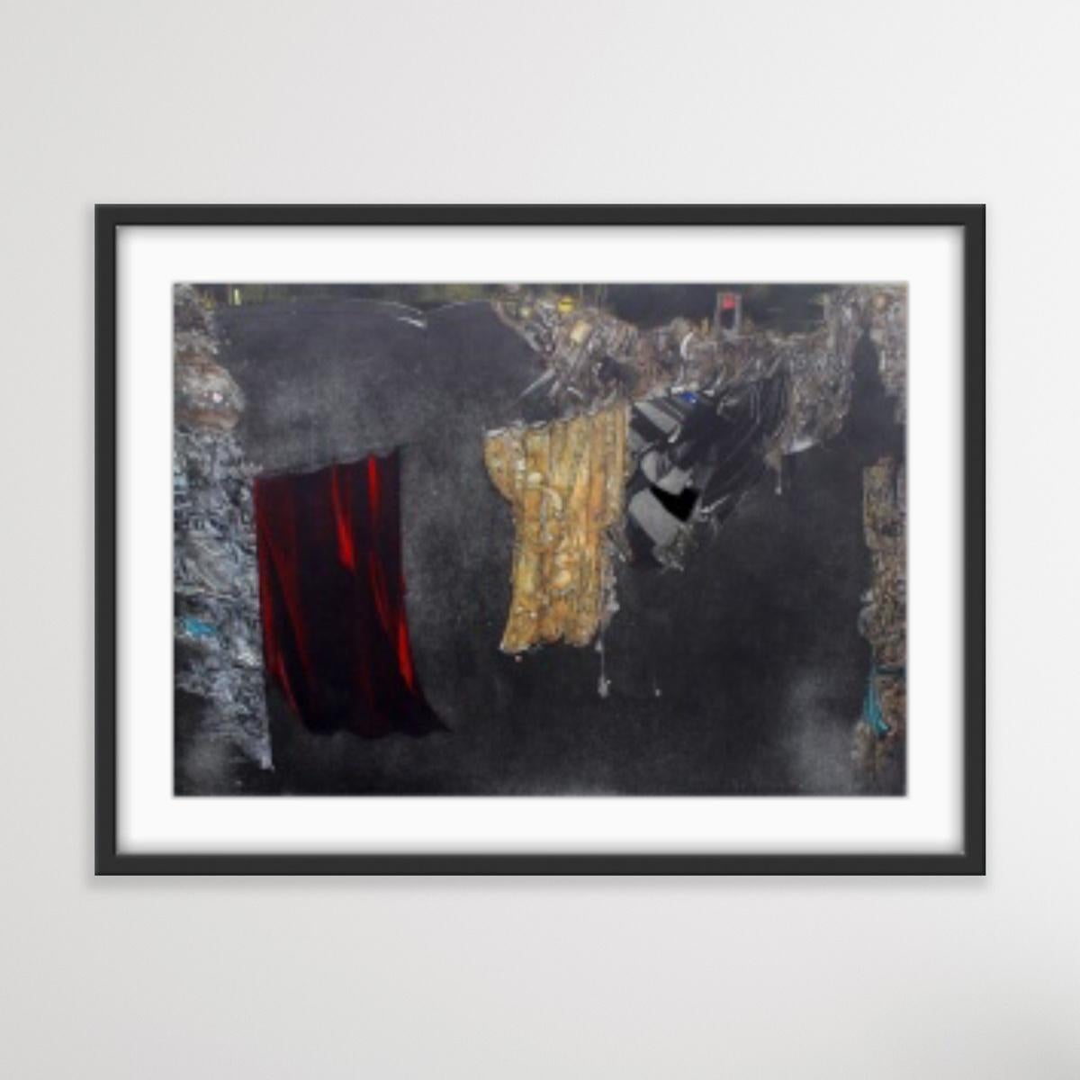 The better curtain - XX century, Mixed media print, Abstract, Black Red & Yellow For Sale 2