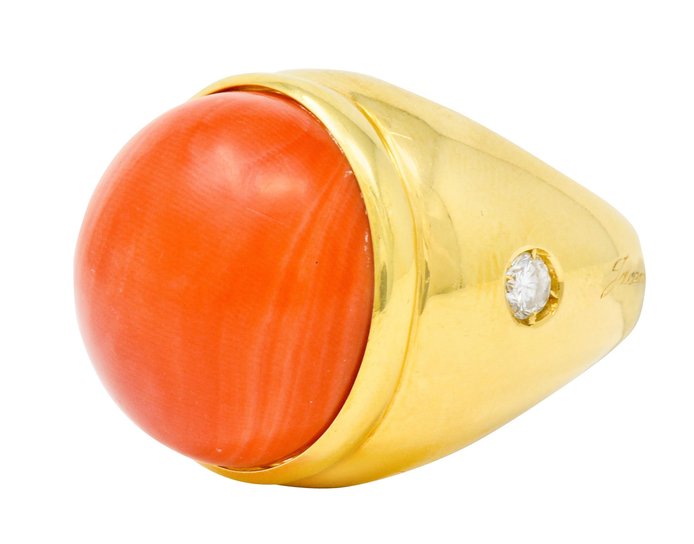 Contemporary Jacent Vintage Coral Diamond 18 Karat Gold Unisex Cabochon Gemstone Ring