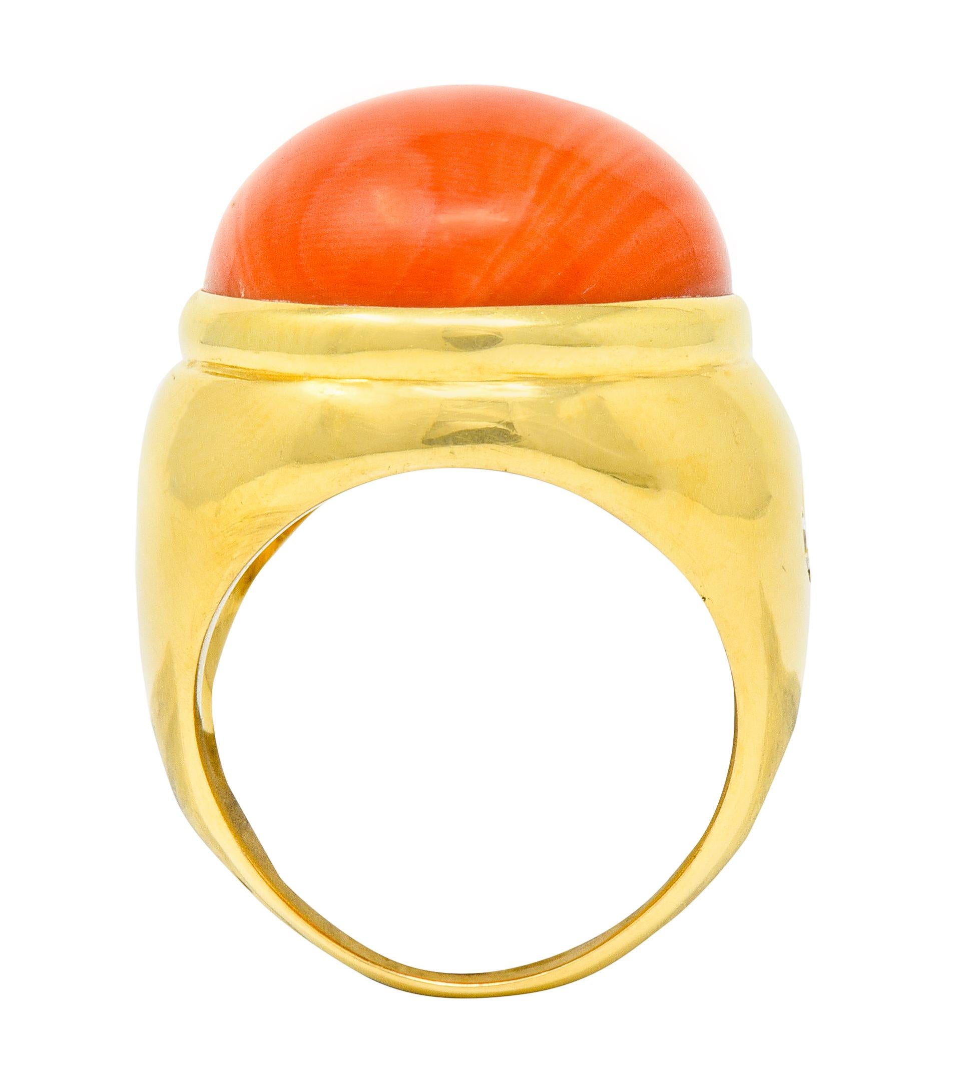 Jacent Vintage Coral Diamond 18 Karat Gold Unisex Cabochon Gemstone Ring 2