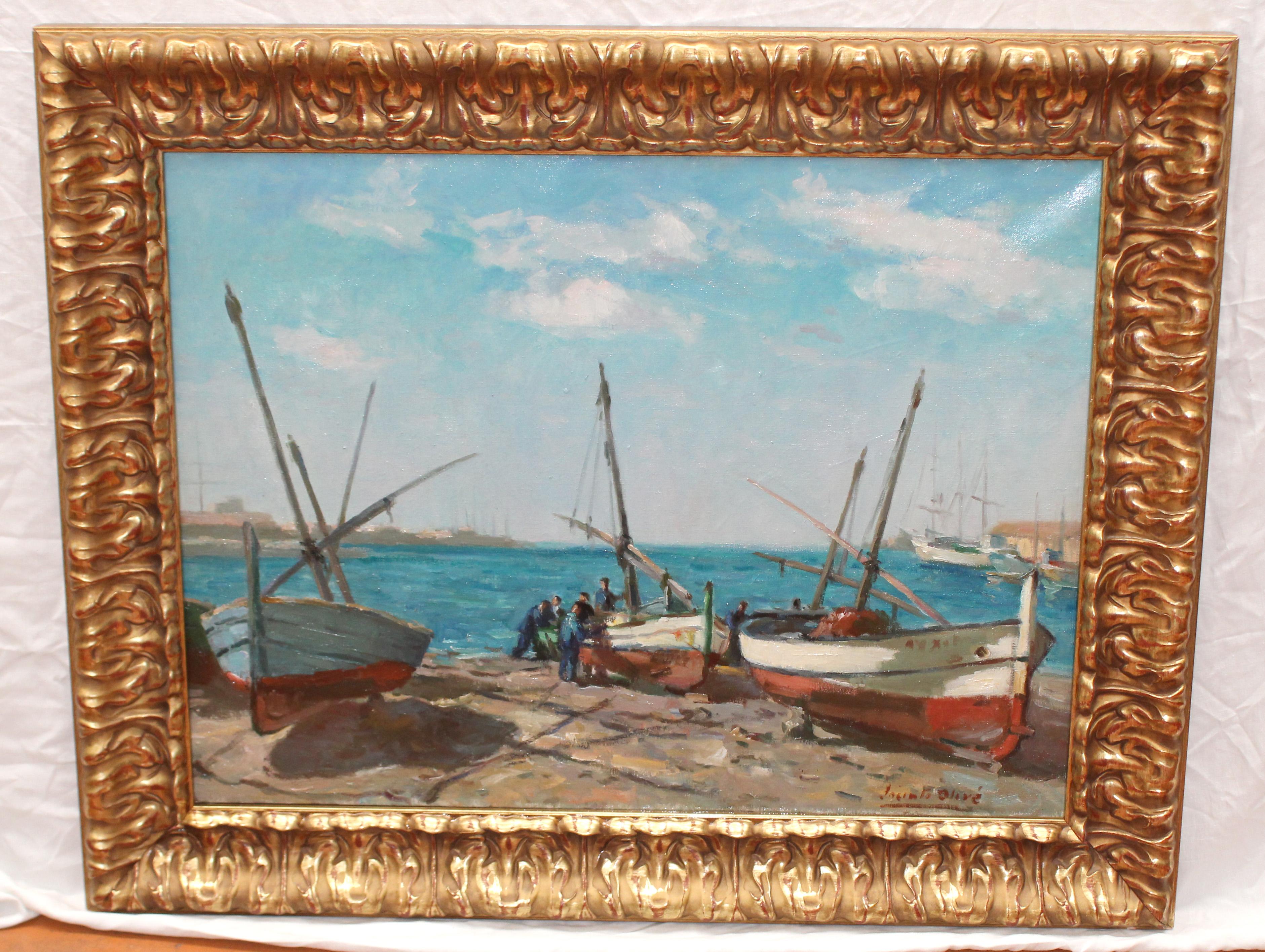 Peinture à l'huile sur toile représentant une scène de pêche, encadrée, signée, milieu du XXe siècle