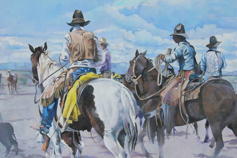 Western Corral Scene with Cow Boys on Horses - Painting by Jack Baker