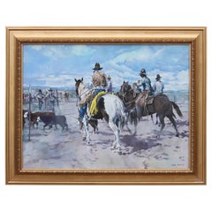 Vintage Western Corral Scene with Cow Boys on Horses