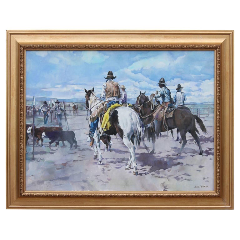 Jack Baker Figurative Painting - Western Corral Scene with Cow Boys on Horses