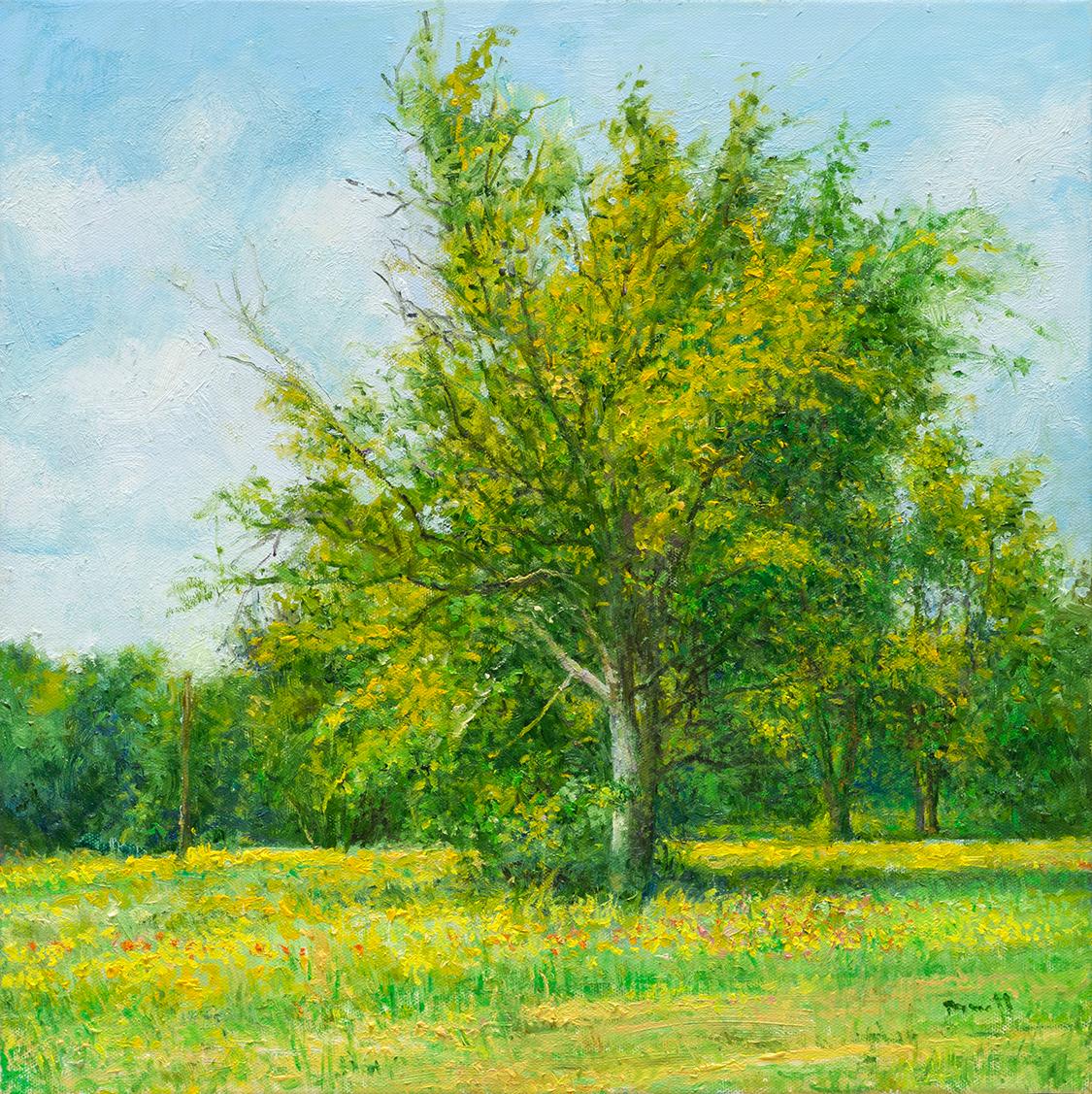 Jack Barnett Landscape Painting – Ein Baum im Cleburne-Stil