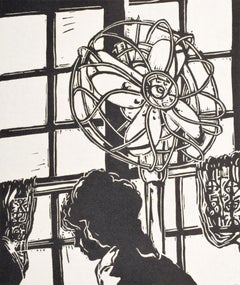 Vintage Jack Beal WOMAN WITH FAN Linocut