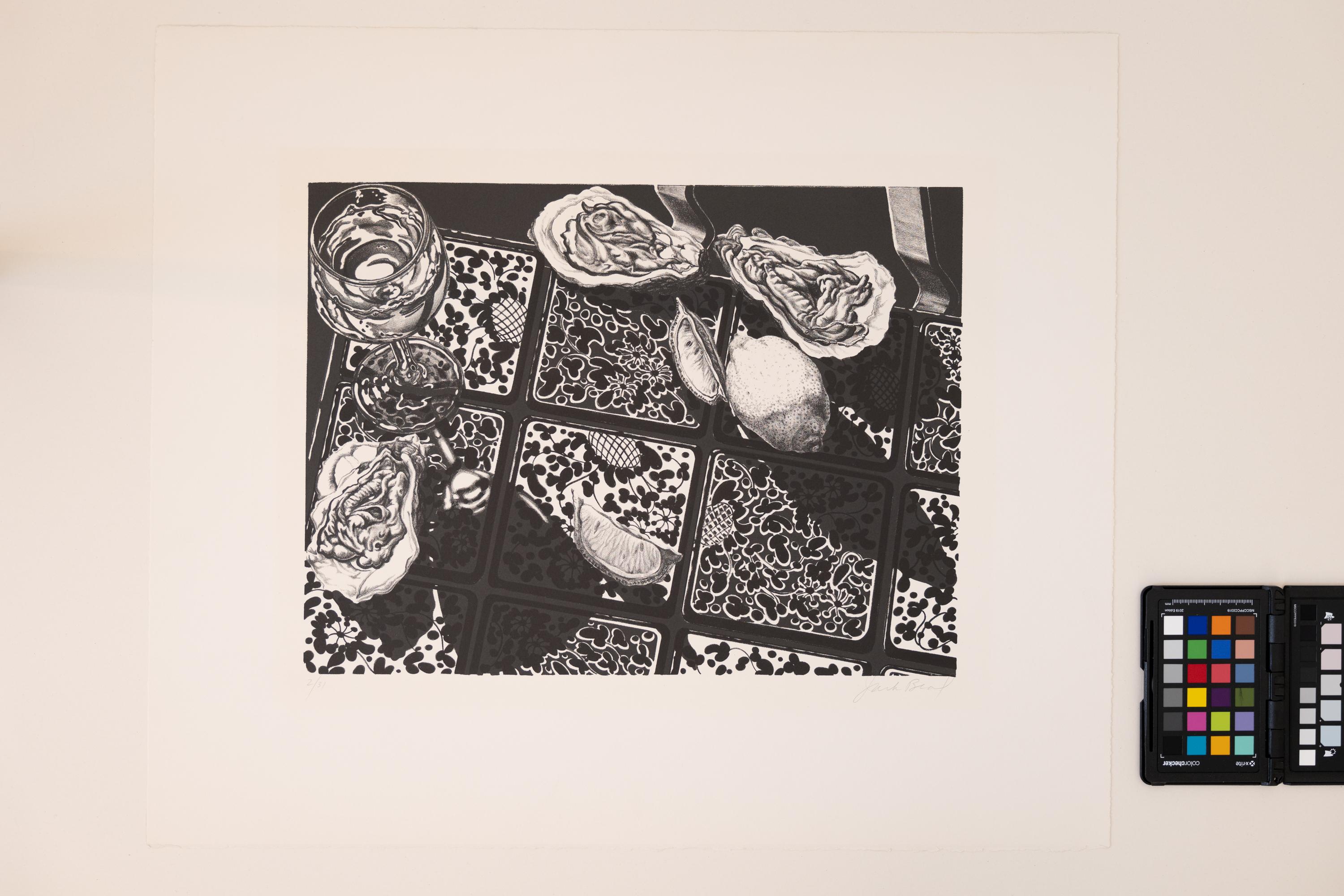 Auster, Wein und Zitrone – Print von Jack Beal