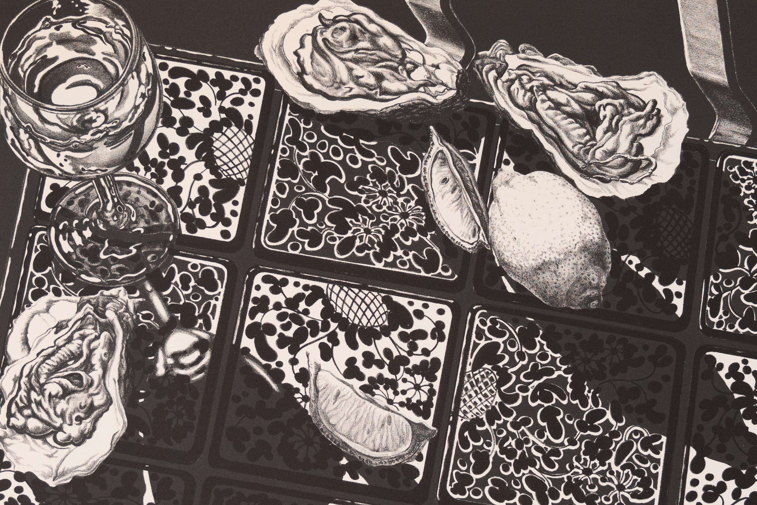 Jack Beal Still-Life Print – Auster, Wein und Zitrone