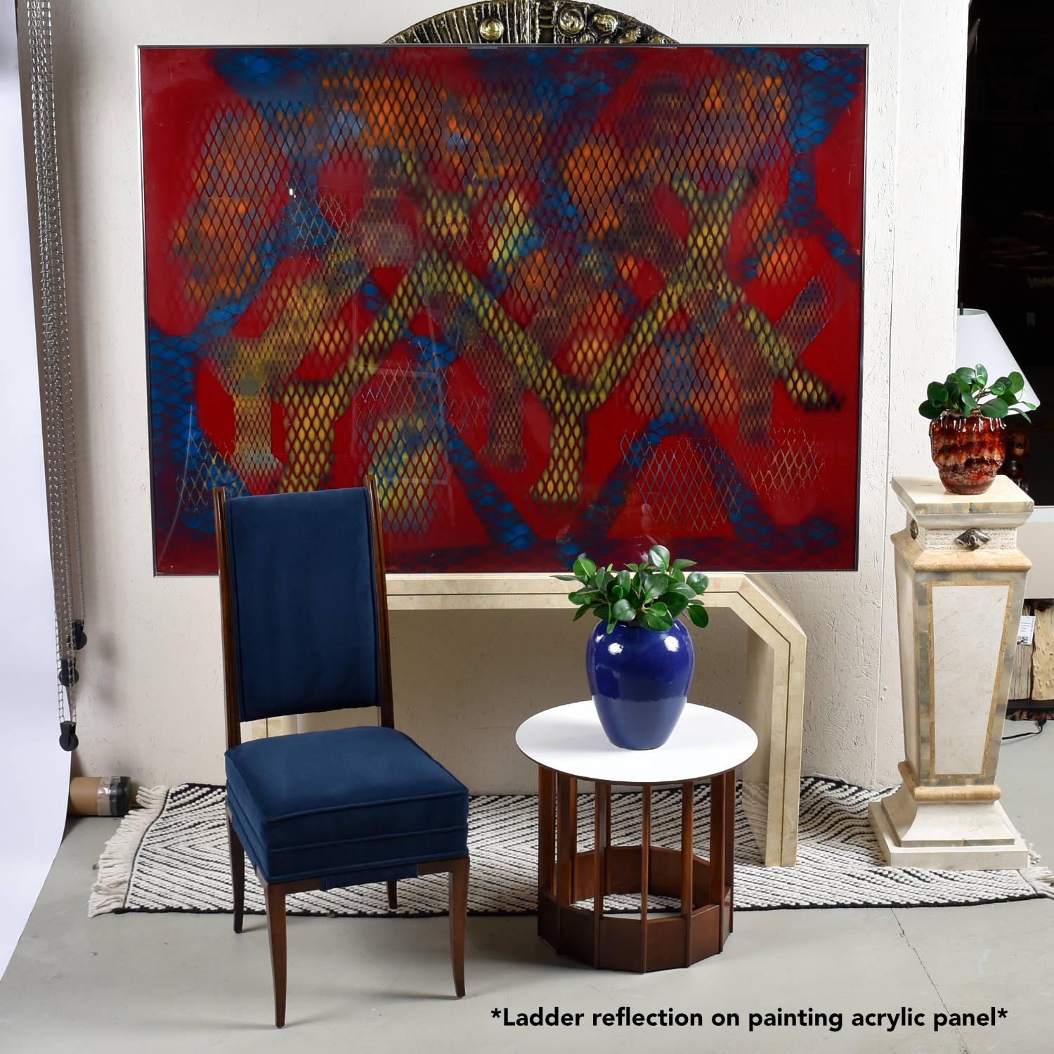 Large scale stenciled painting by Jack Beckemeyer. The piece is well documented with three notes included. One note card is pasted to the back, indicating the exact acquisition date. The painting was purchased on July 12, 1976 at the South County
