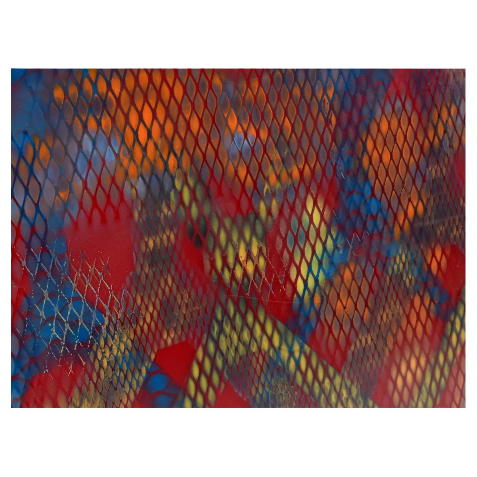 Mid-Century Modern Jack Beckemeyer 1976 Red Blue Orange and Yellow Printed Acetate Painting For Sale