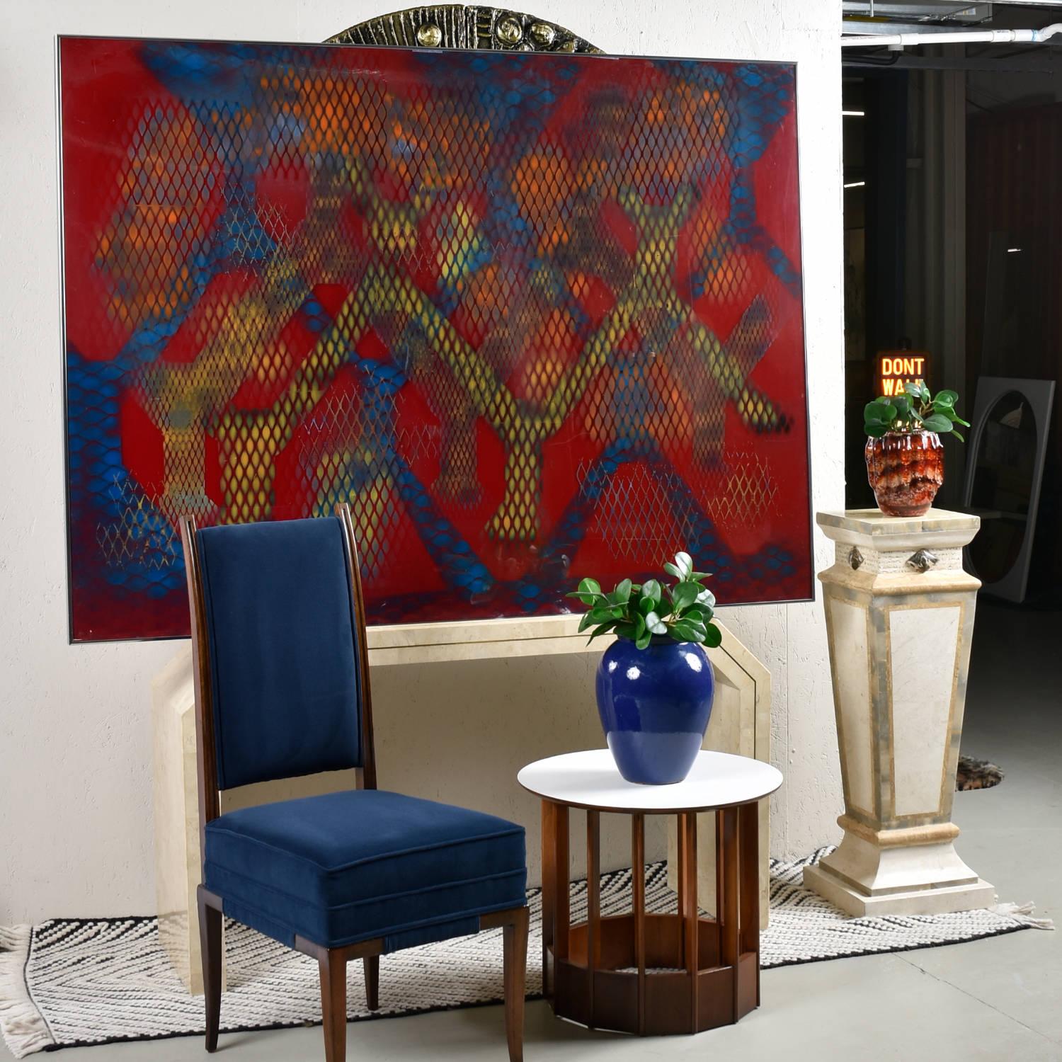 American Jack Beckemeyer 1976 Red Blue Orange and Yellow Printed Acetate Painting For Sale