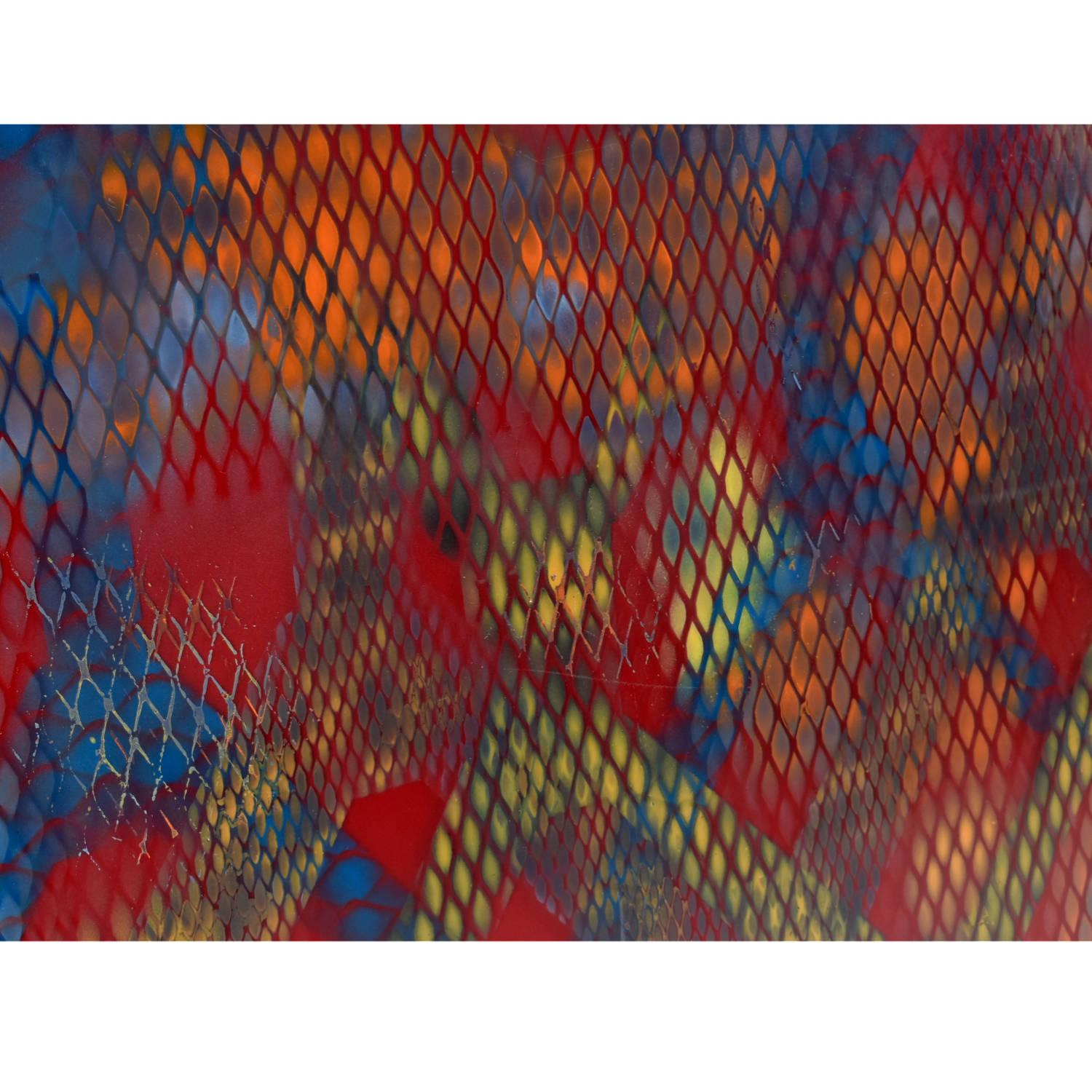 Jack Beckemeyer 1976 Red Blue Orange and Yellow Printed Acetate Painting In Good Condition For Sale In Chattanooga, TN