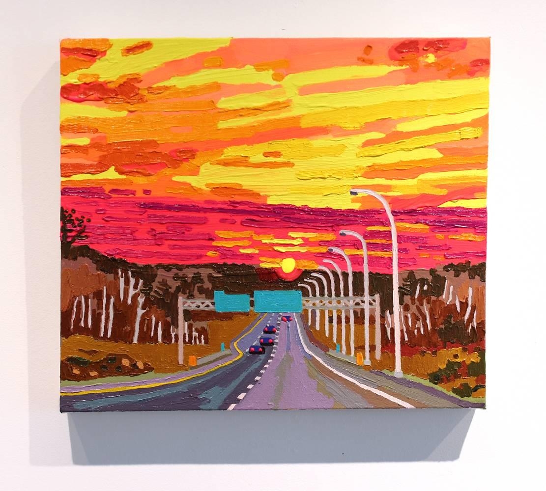 My paintings portray colourful and busy landscapes; they can be romanticized or funny, but also can carry a dark realism. They create juxtapositions of natural and commercial space, and subvert clichéd traditional landscape painting of a idealized