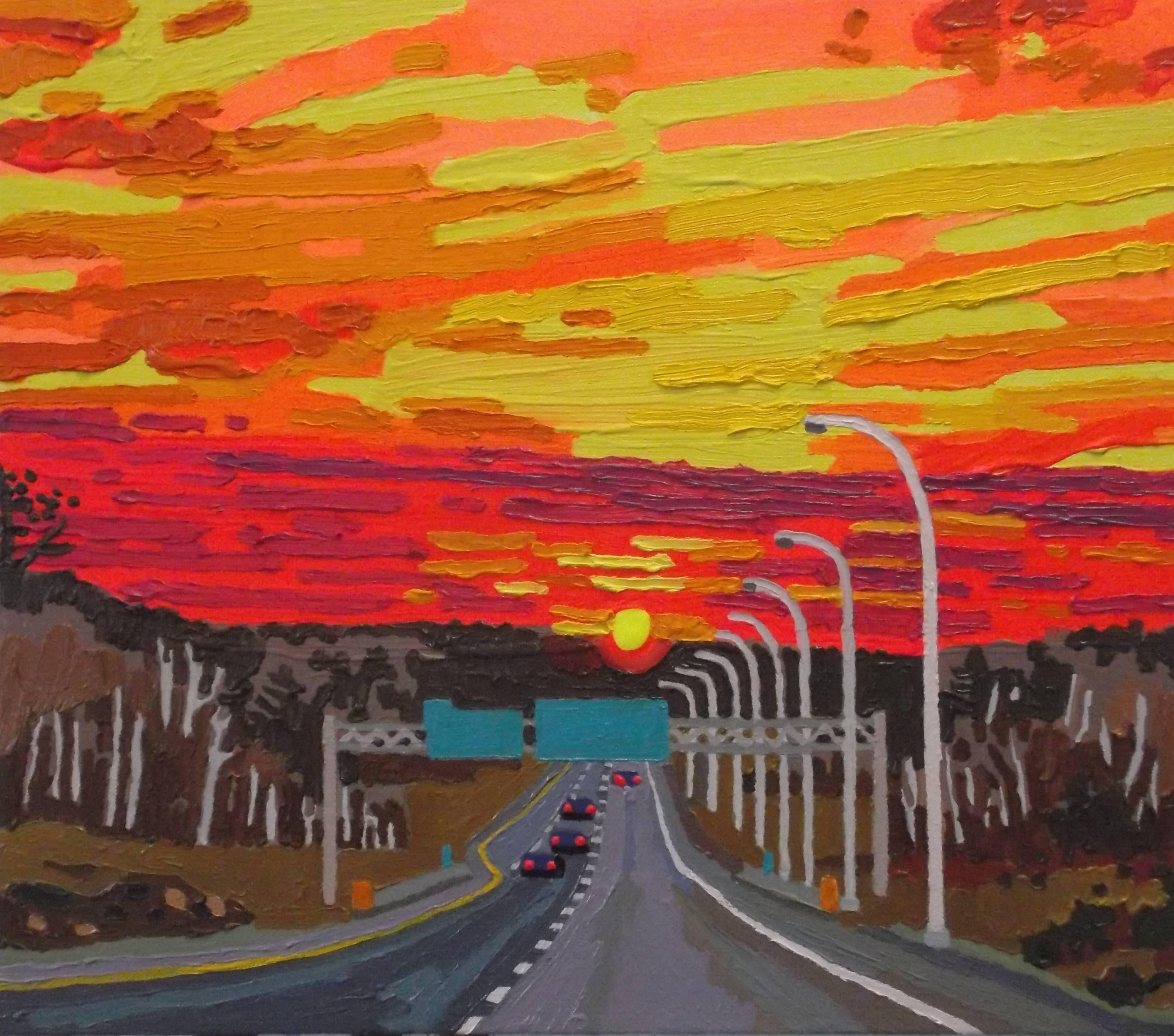Jack Bishop Landscape Painting - Left Lane Must Exit, oil and acrylic landscape painting on canvas