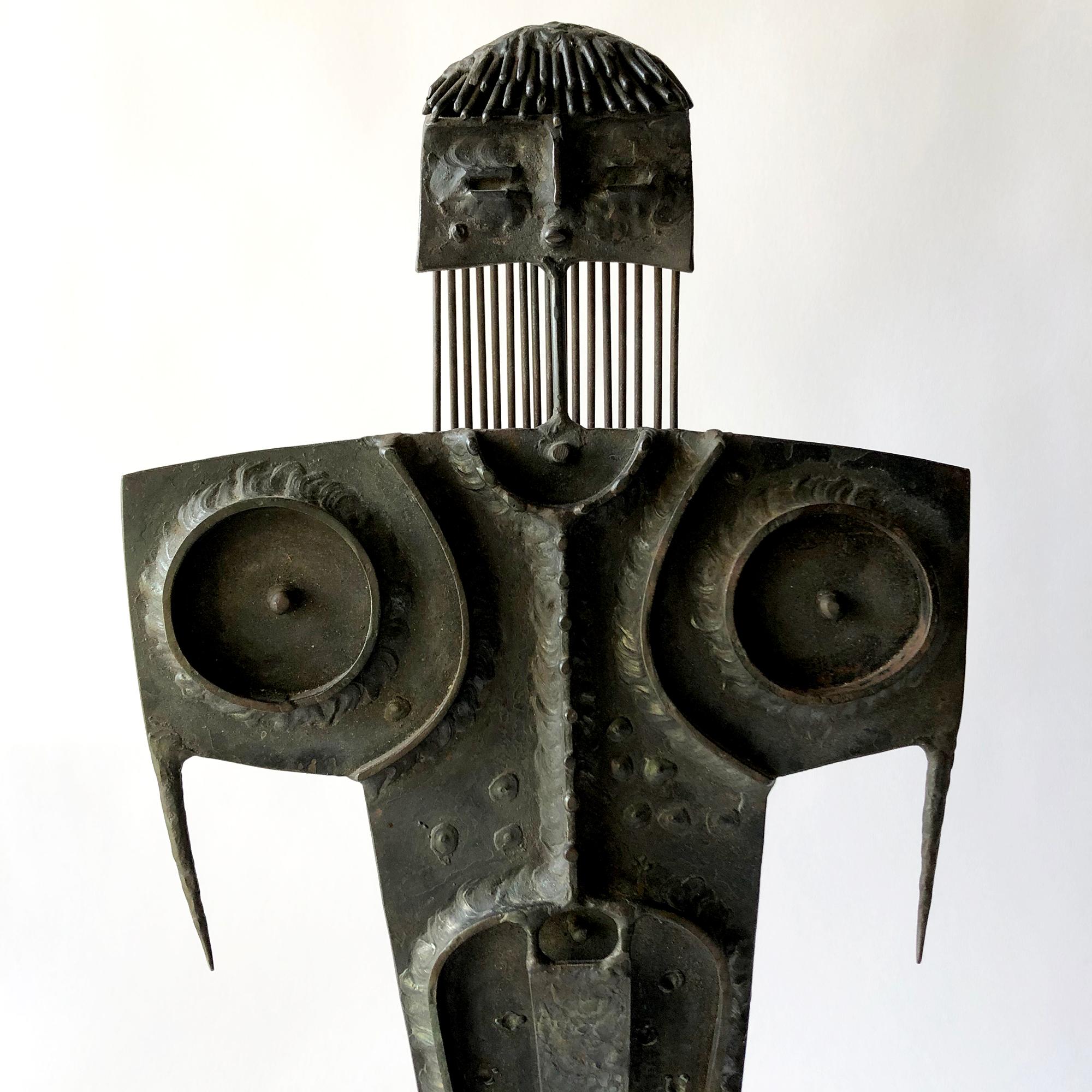1960s modernist iron sculpture on wood base created by Jack Boyd of San Diego, California. Sculpture measures 18