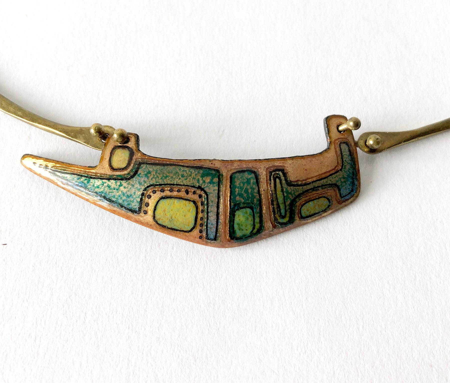 Bronze necklace with enameled abstract design created by Jack Boyd of San Diego, California.  Necklace has a neck measurement of 18