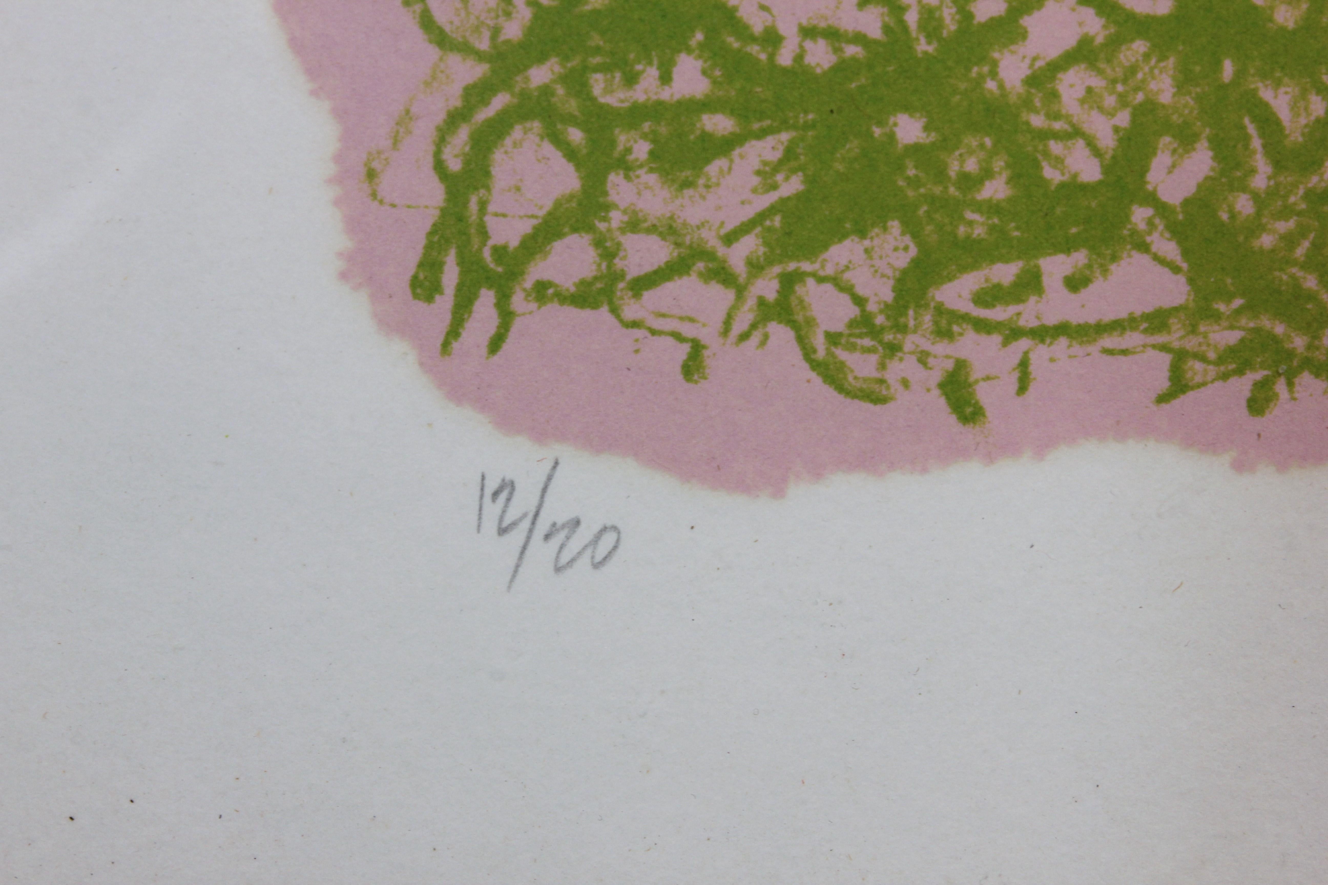 Untitled abstract serigraph silkscreen print done in reds and greens by Jack Boynton. Numbered 12/20. Circa 1980's. 
Dimensions without frame: H 19 in x W 19 in. 

Artist Biography:
Jack Boynton was born in Fort Worth, Texas. He earned his bachelor