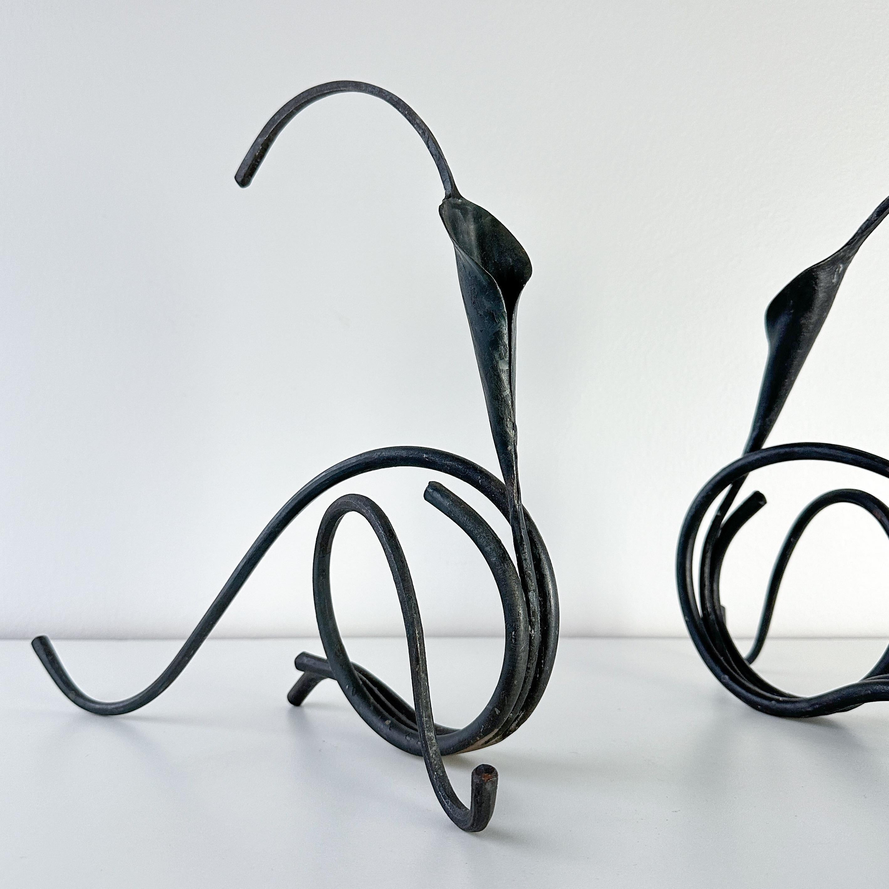 Brutalist Jack Brubaker Iron Calla Lilly Sculptural Candle Holder Pair For Sale