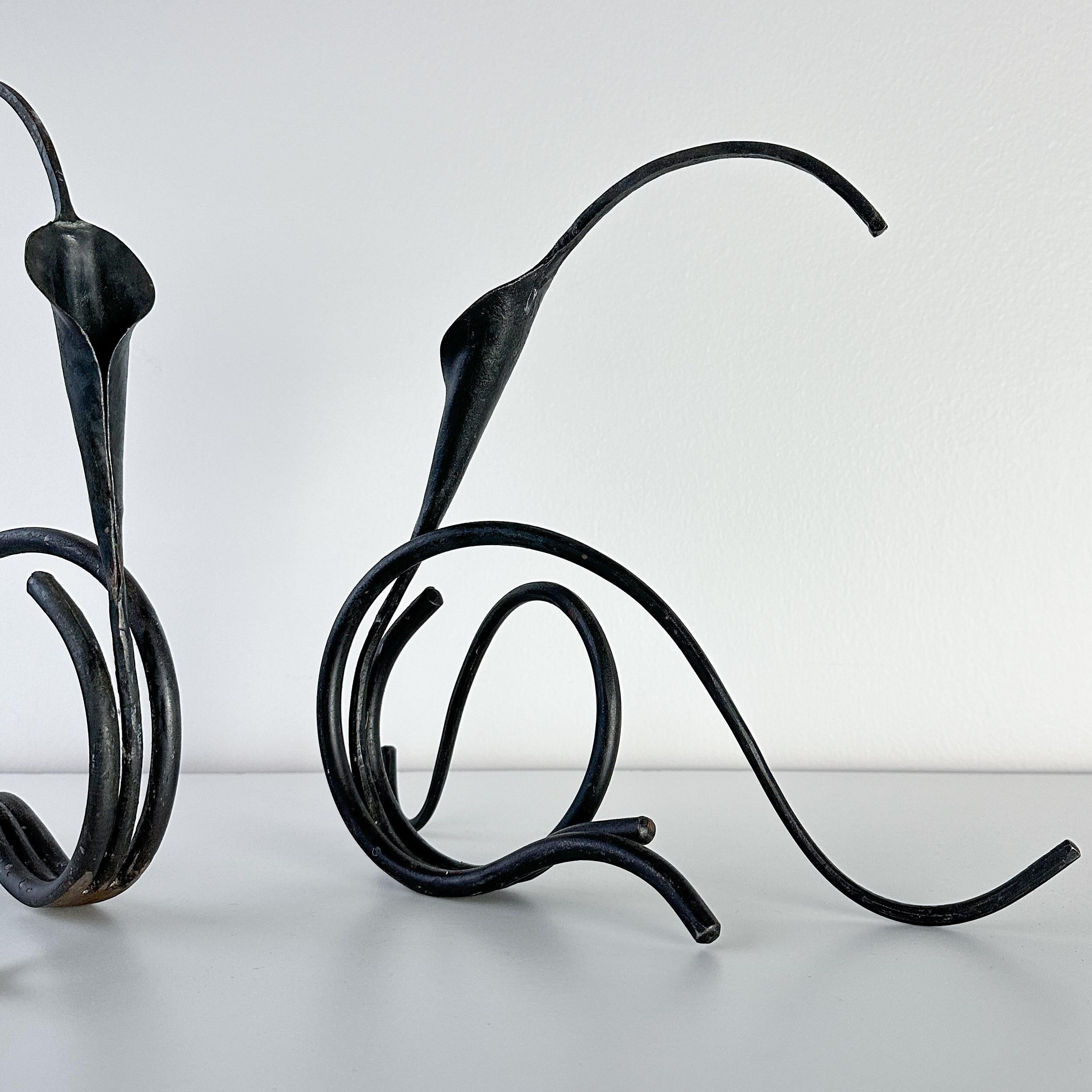 Forged Jack Brubaker Iron Calla Lilly Sculptural Candle Holder Pair For Sale